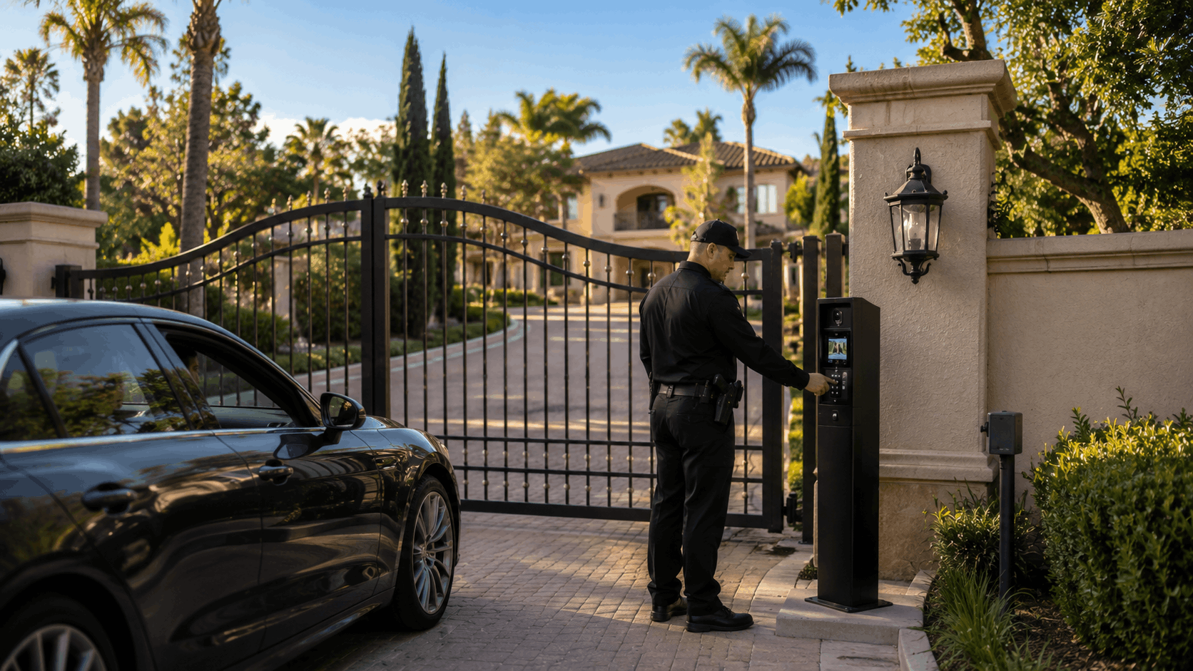 Security guard using smart gate intercom system at luxury San Diego estate entrance