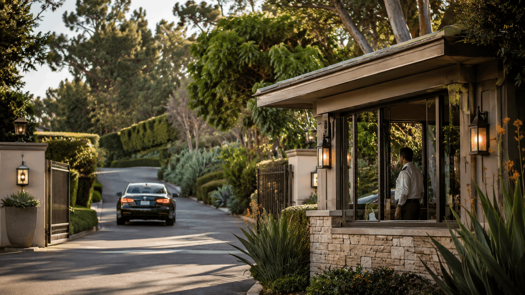 Security guard booth at gated estate entrance with luxury car entering driveway