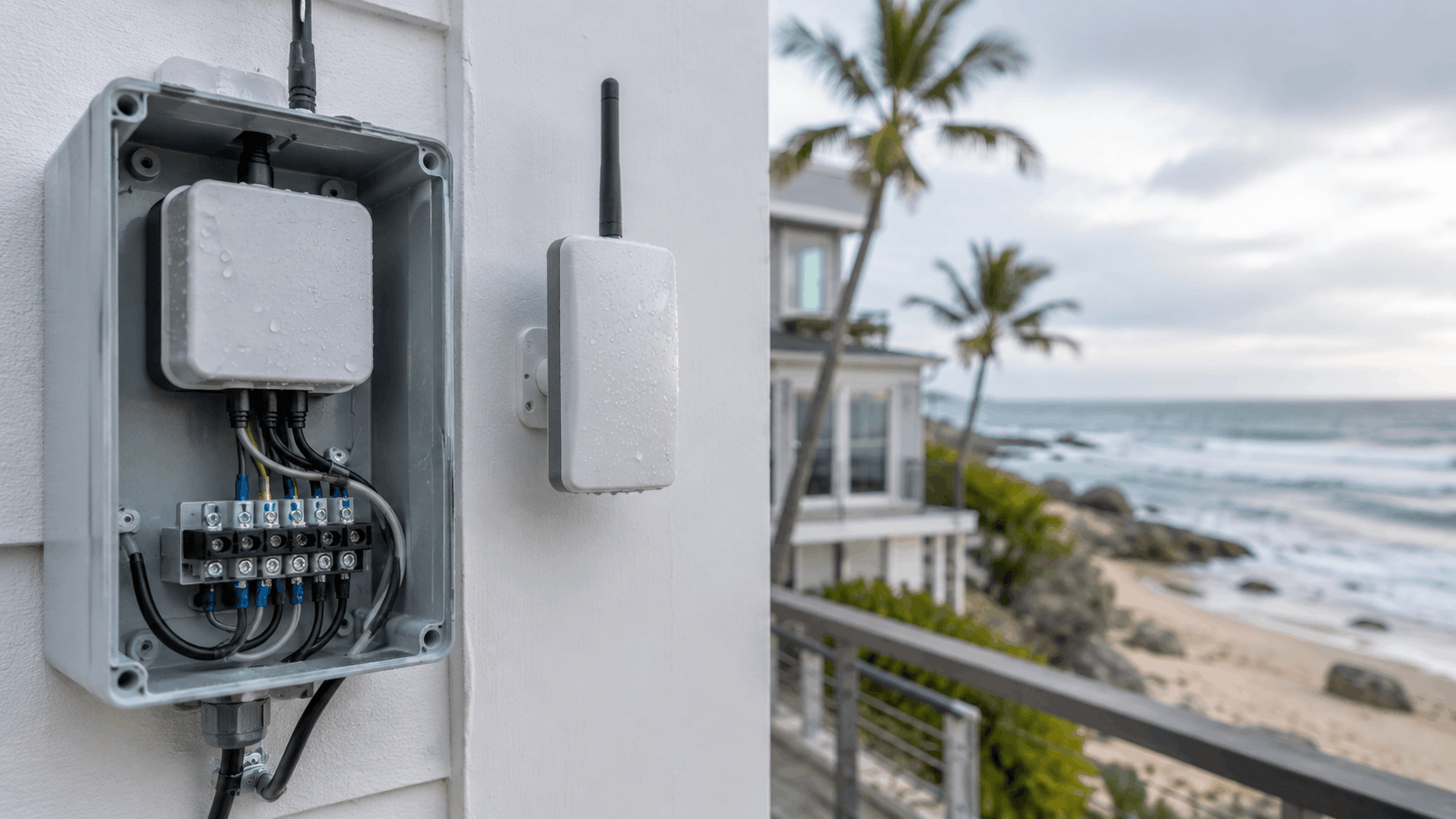 Outdoor hardwired sensor junction box and wireless device mounted on coastal beachfront home
