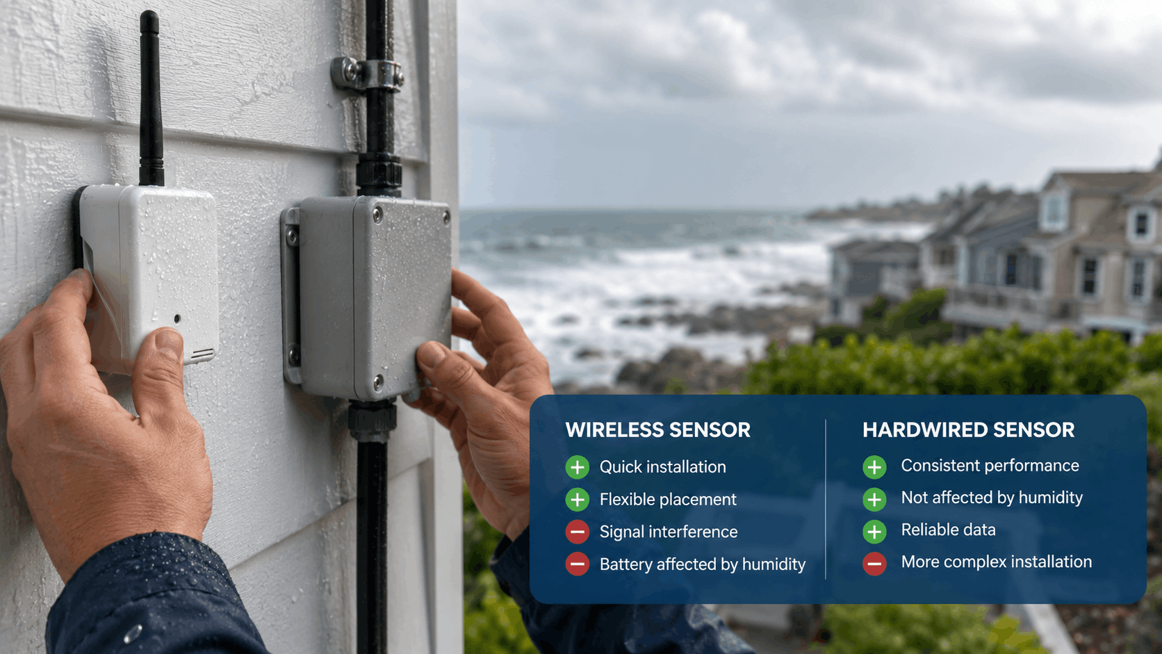 Wireless and hardwired outdoor humidity sensors installed on coastal home exterior wall