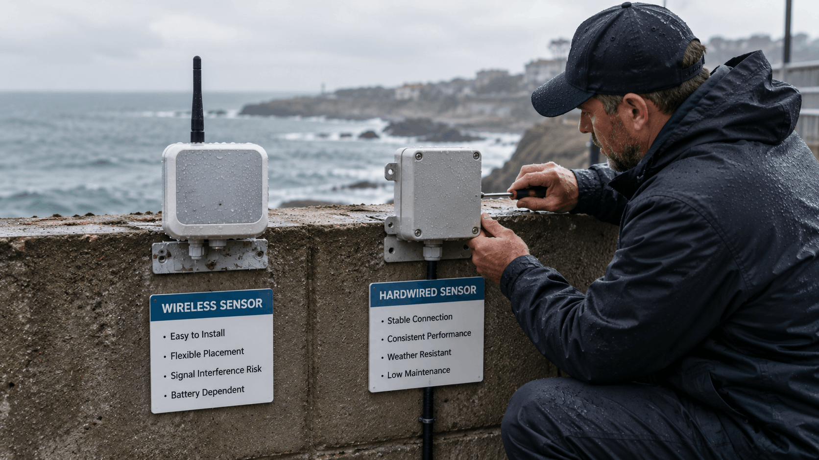 Technician installing hardwired and wireless coastal sensors on seawall in rainy conditions