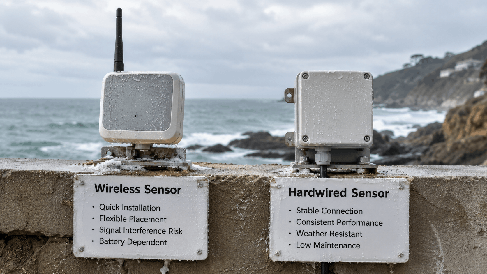 Wireless and hardwired outdoor sensors mounted on coastal wall comparing installation features