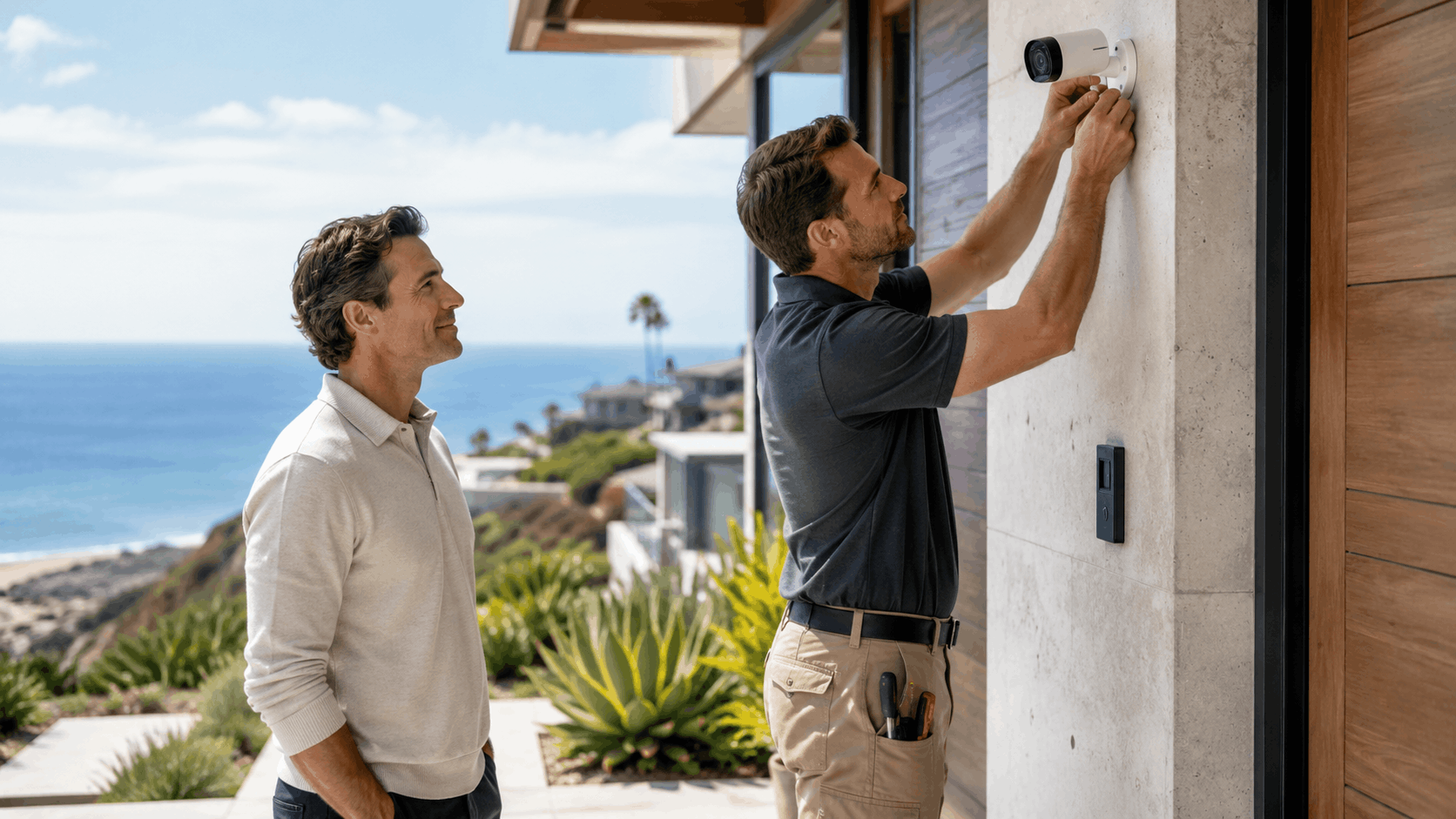 Security technician installing outdoor surveillance camera on Del Mar coastal home exterior wall
