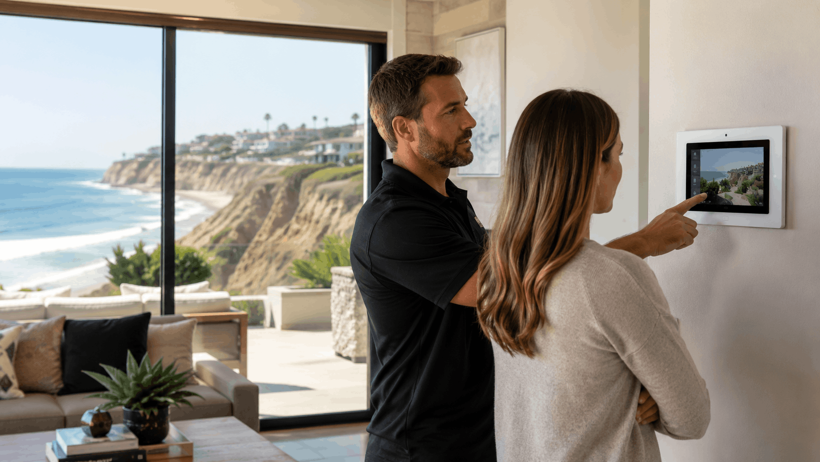 Couple reviewing smart home security panel in San Diego oceanfront luxury home