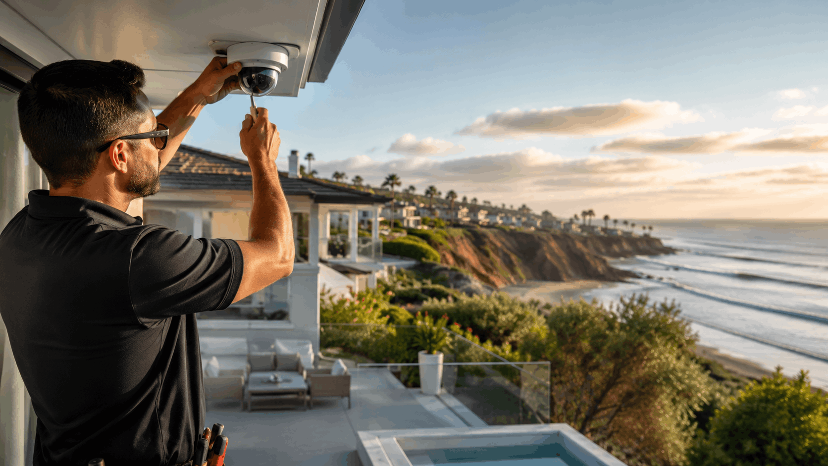 Security technician installing dome surveillance camera on luxury San Diego coastal home overlooking ocean
