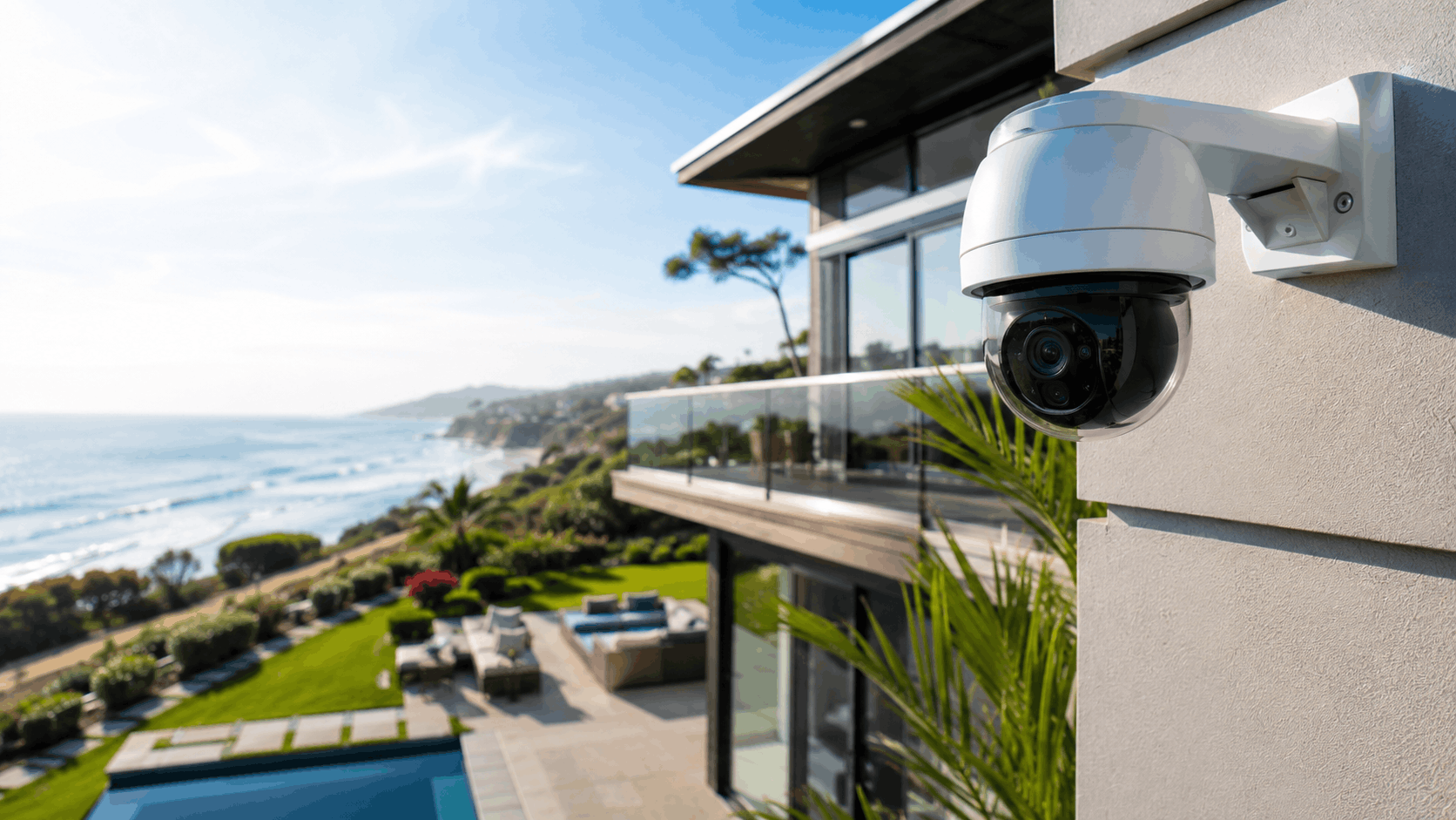 White PTZ security camera mounted on modern coastal home overlooking Solana Beach oceanfront