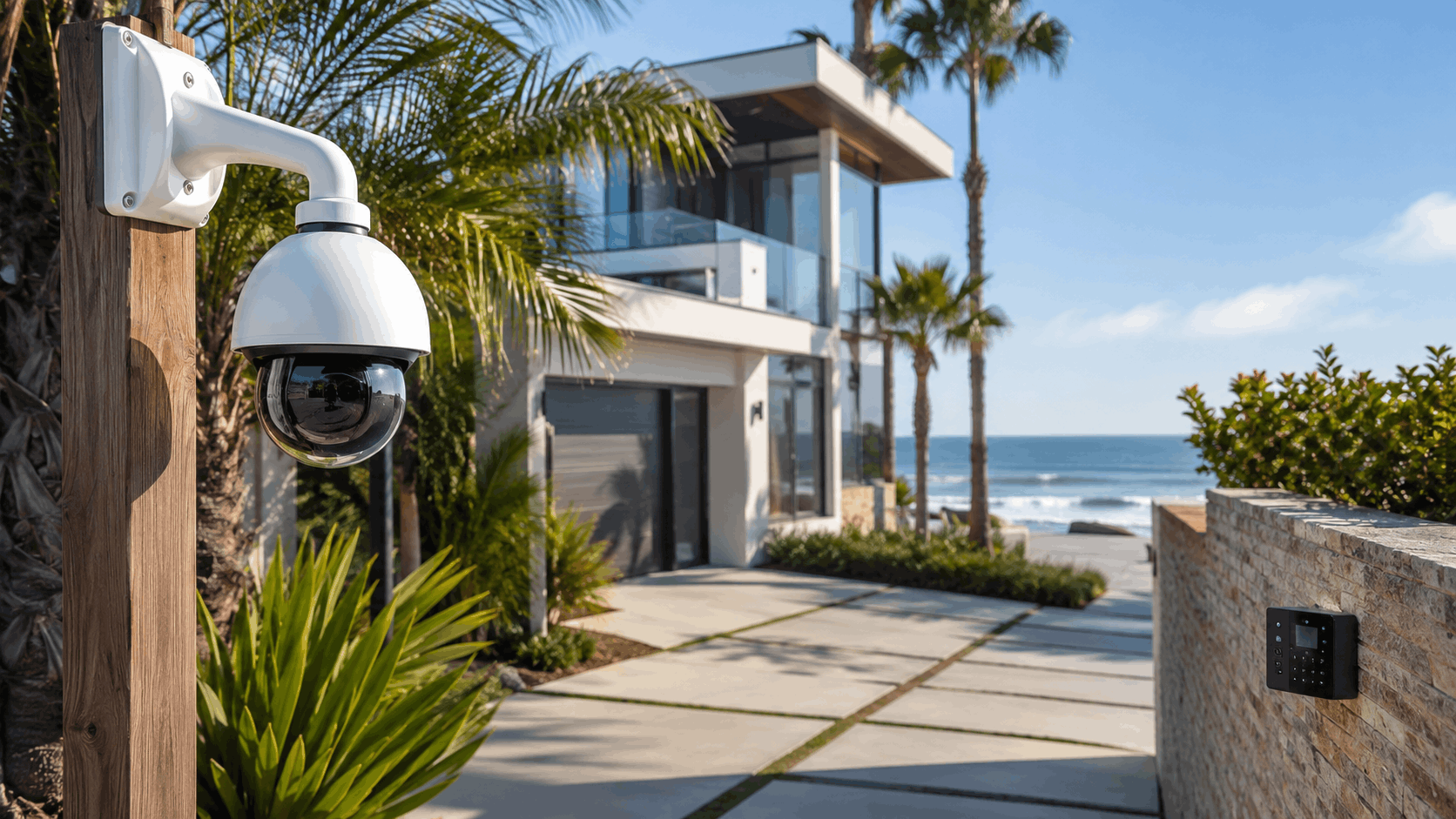 PTZ security camera mounted at entrance of luxury beachfront home in San Diego