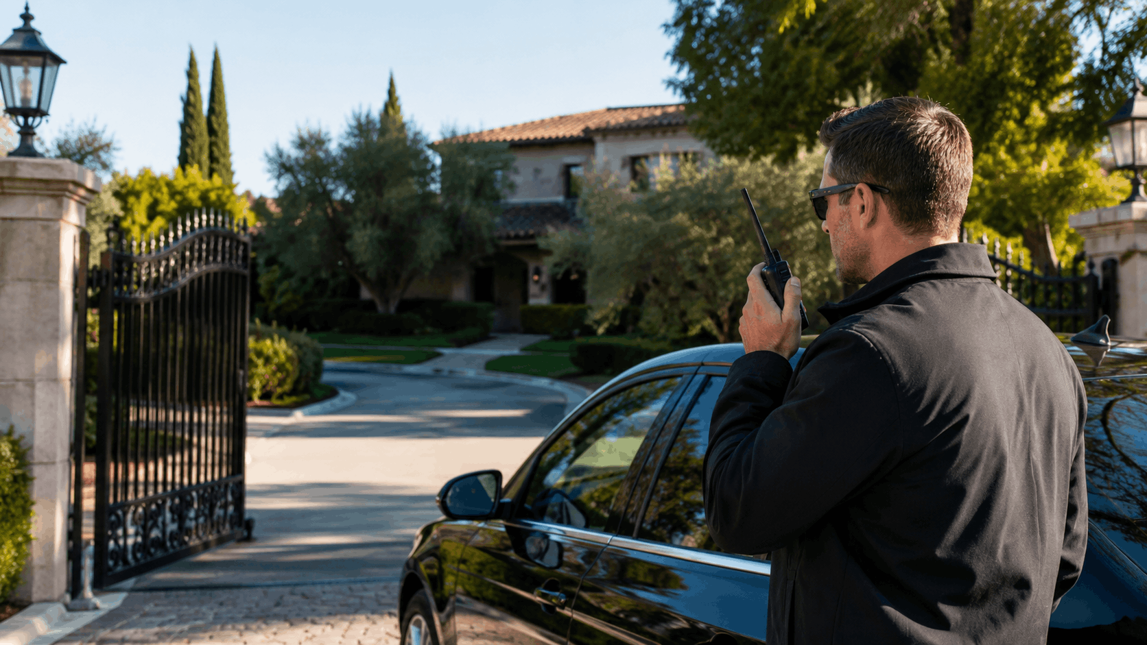 Security guard using walkie-talkie outside gated luxury estate in Rancho Santa Fe