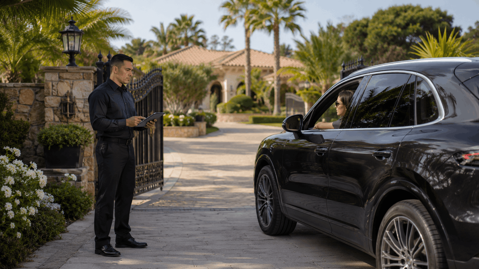 Security guard with tablet checking visitor at luxury estate gate in San Diego