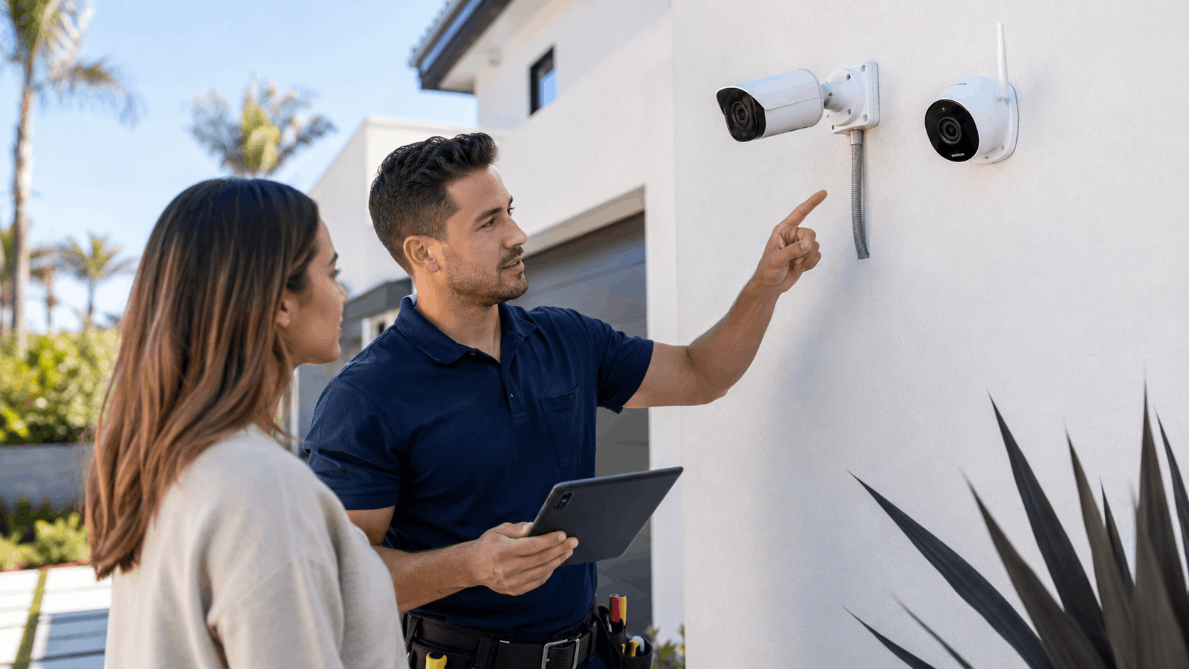 Security technician explaining PoE and WiFi camera installation to San Diego homeowner