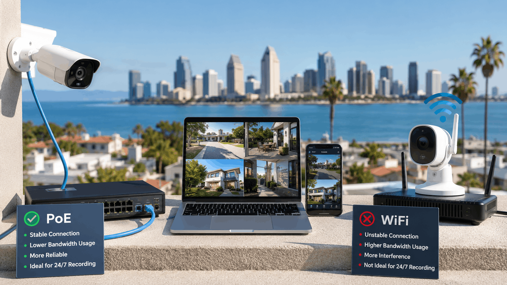 PoE vs WiFi security camera comparison showing reliability features for San Diego surveillance systems