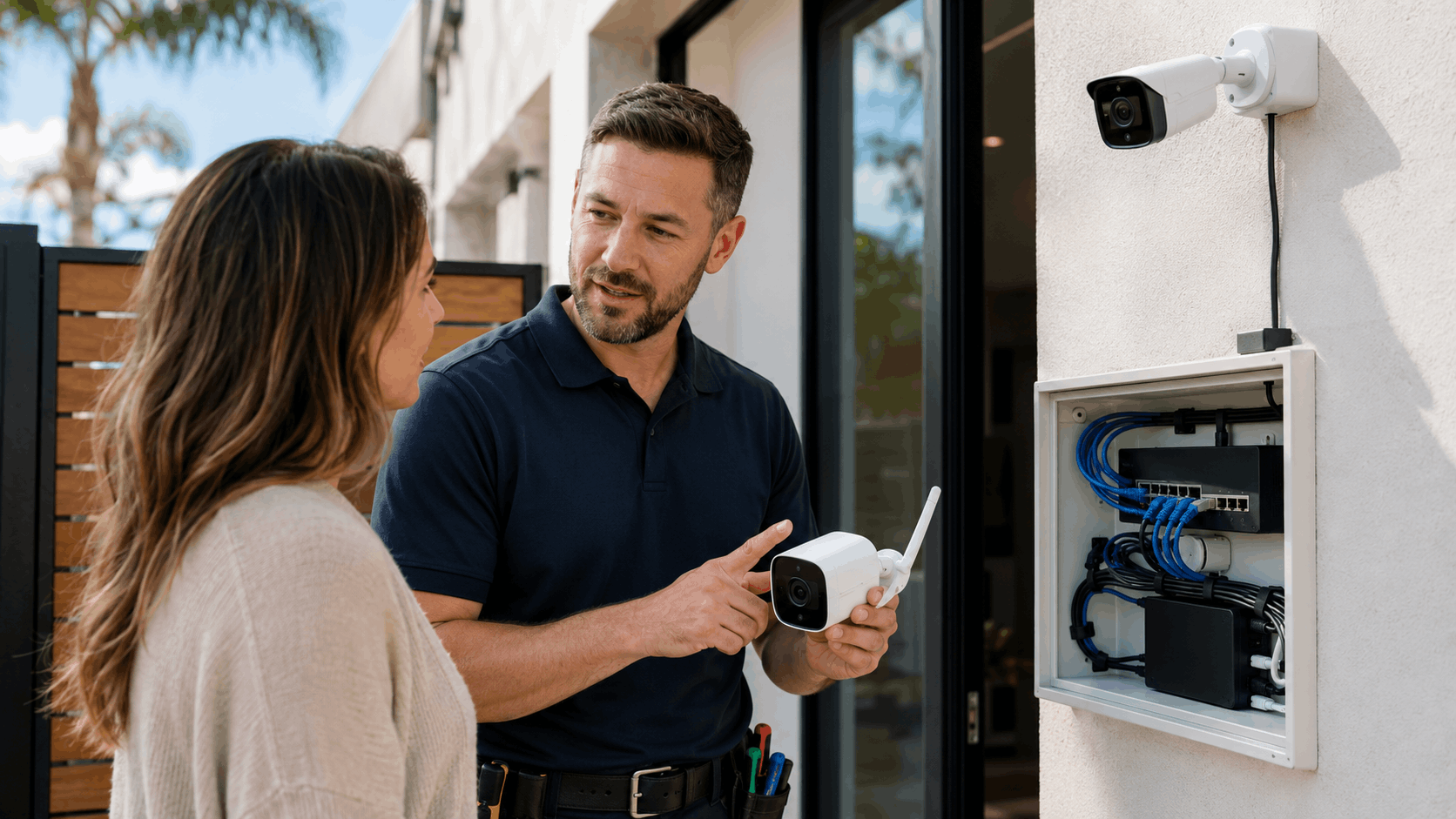 Security technician explaining outdoor surveillance camera installation to San Diego homeowner near network panel