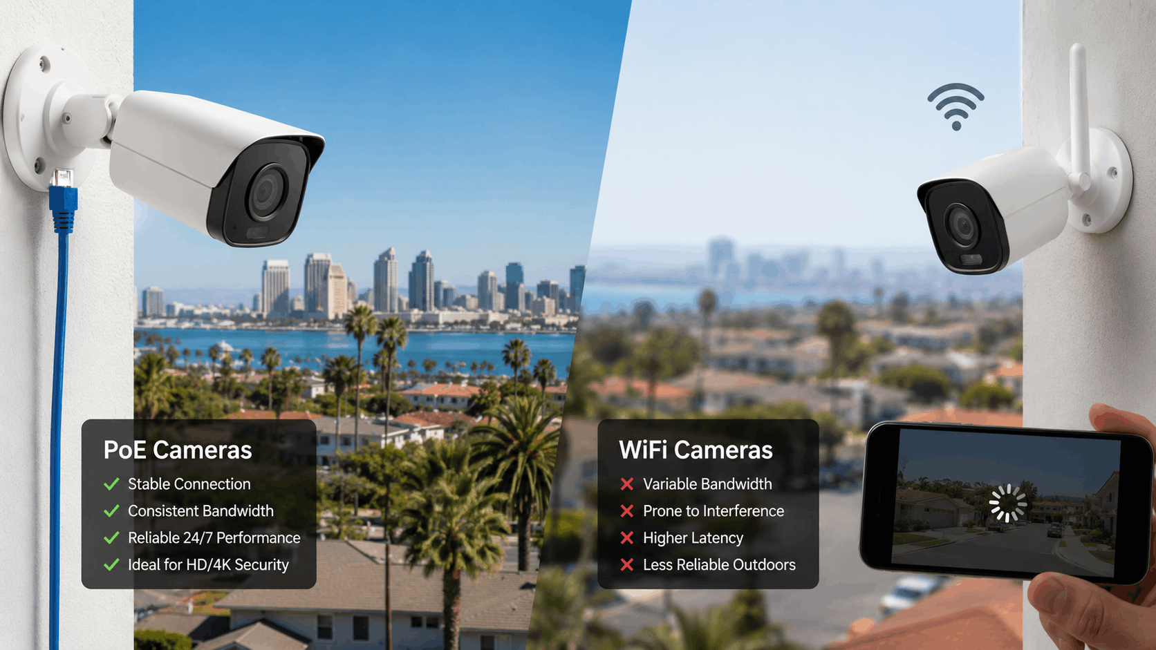 Side-by-side comparison of PoE versus WiFi security cameras for San Diego properties