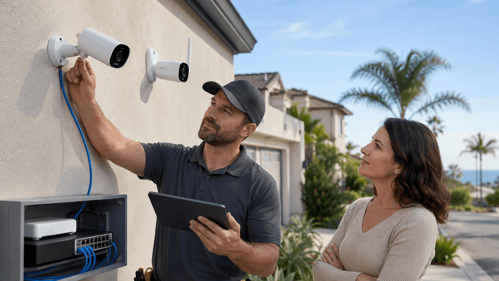 Security technician installing outdoor surveillance cameras on San Diego home with homeowner watching