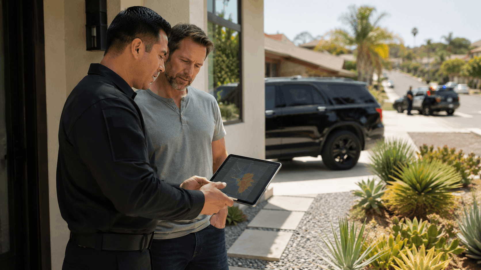 Two men reviewing alarm response map on tablet outside San Diego home