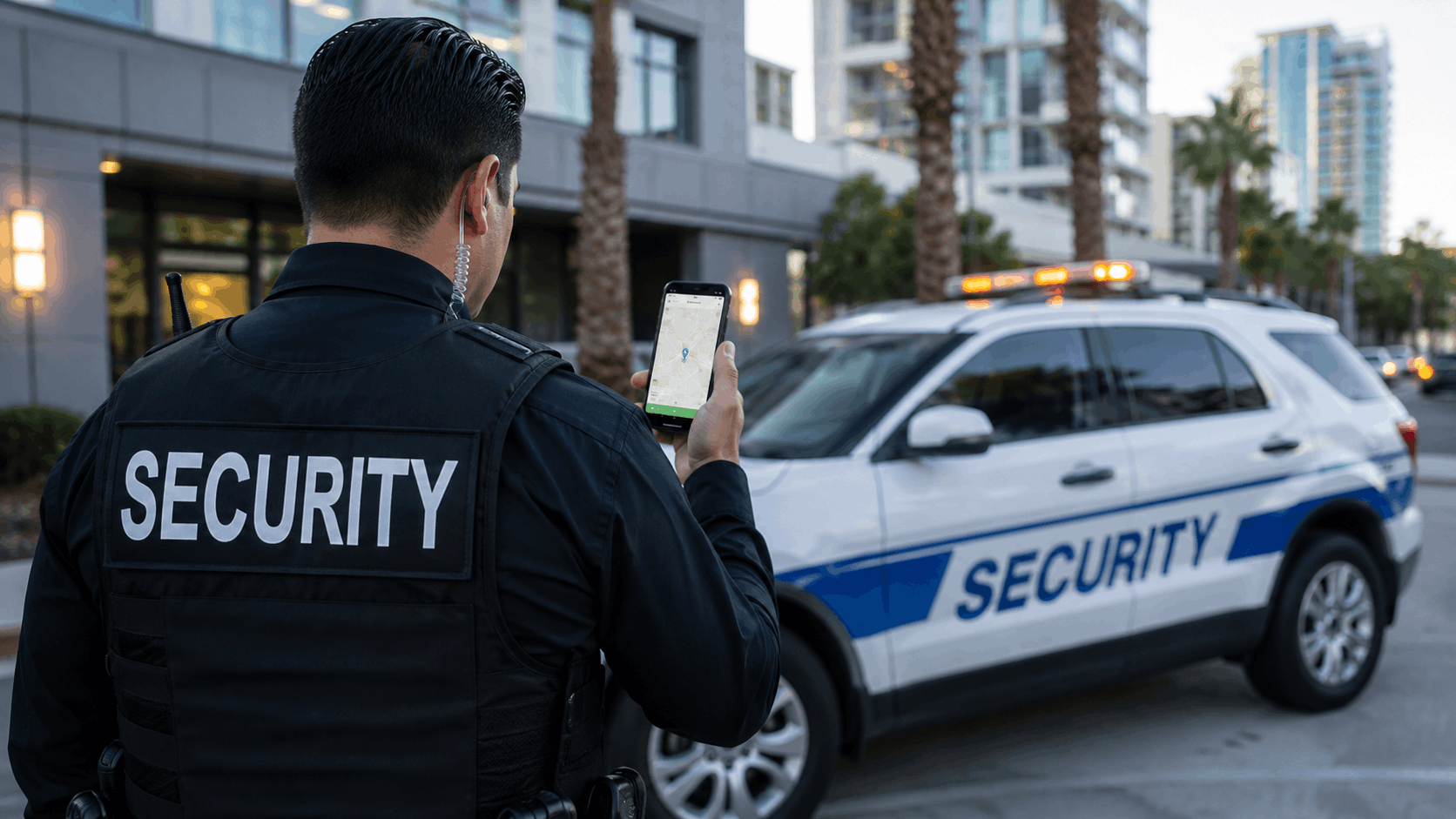 Security guard checking map app on smartphone beside marked security patrol vehicle