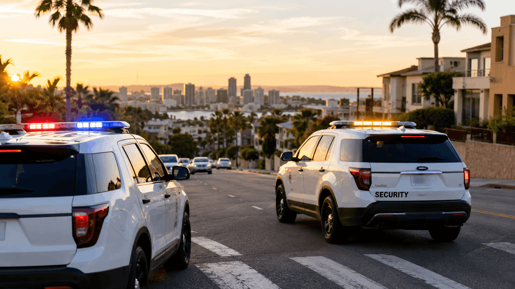 Two white security patrol SUVs with flashing lights on San Diego street at sunset