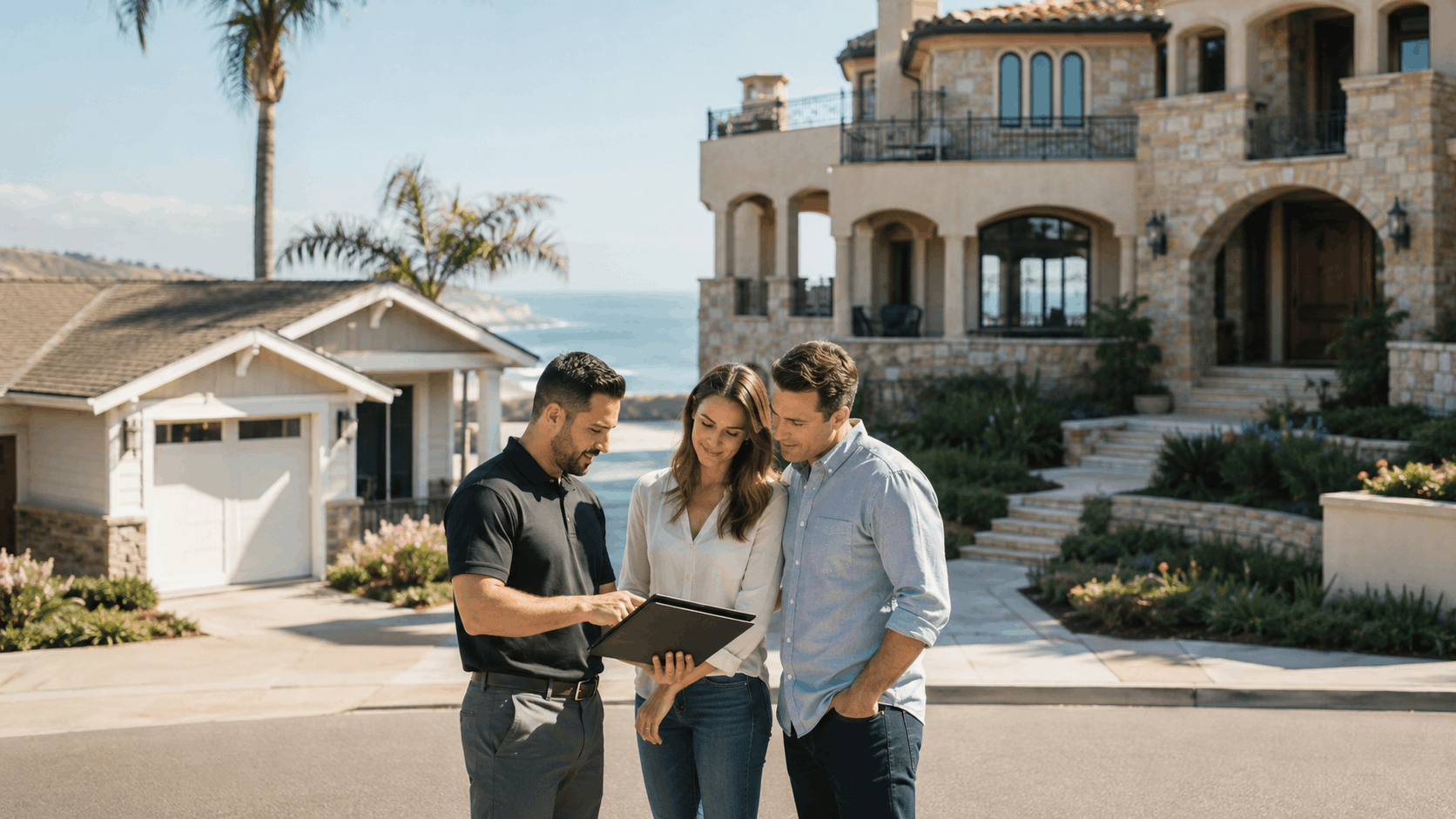 Real estate agent reviewing home security documents with couple outside La Jolla mansion
