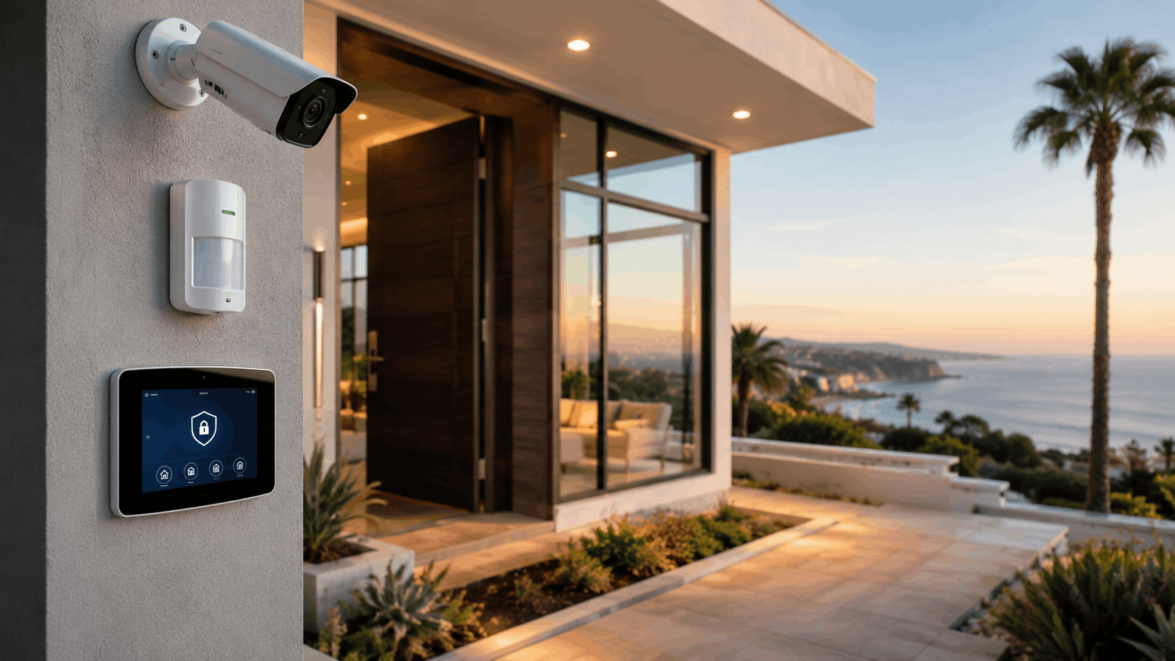 Smart home security system with camera, motion sensor, and touchscreen panel at La Jolla estate