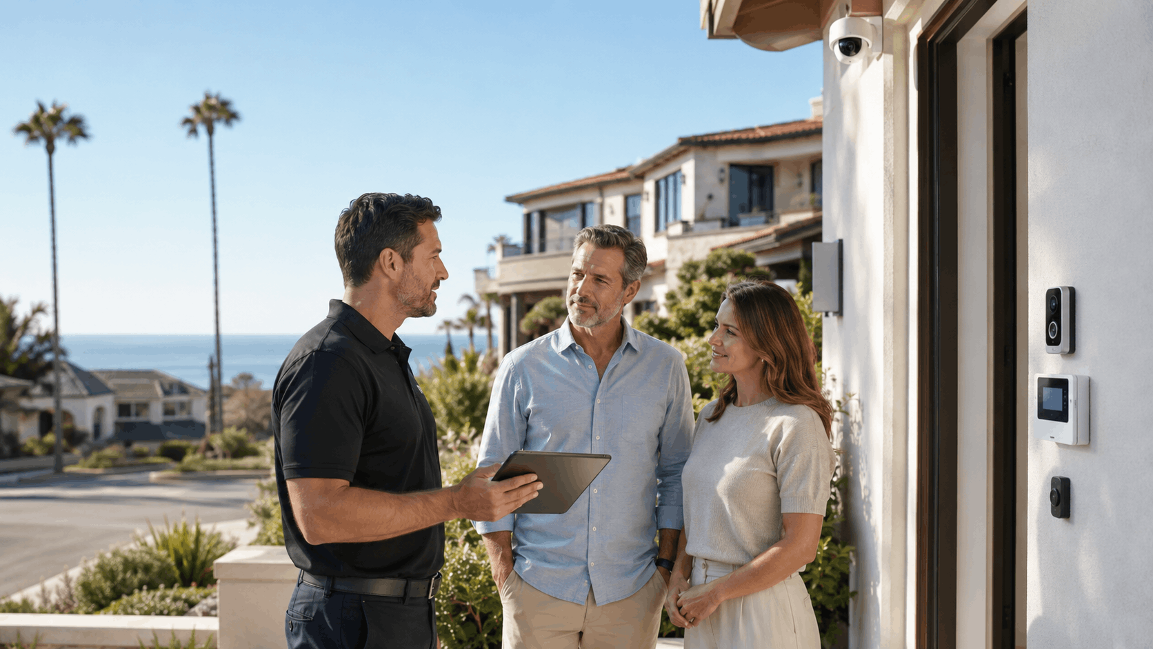 Smart Shield Systems technician discussing home security quote with La Jolla homeowners outdoors
