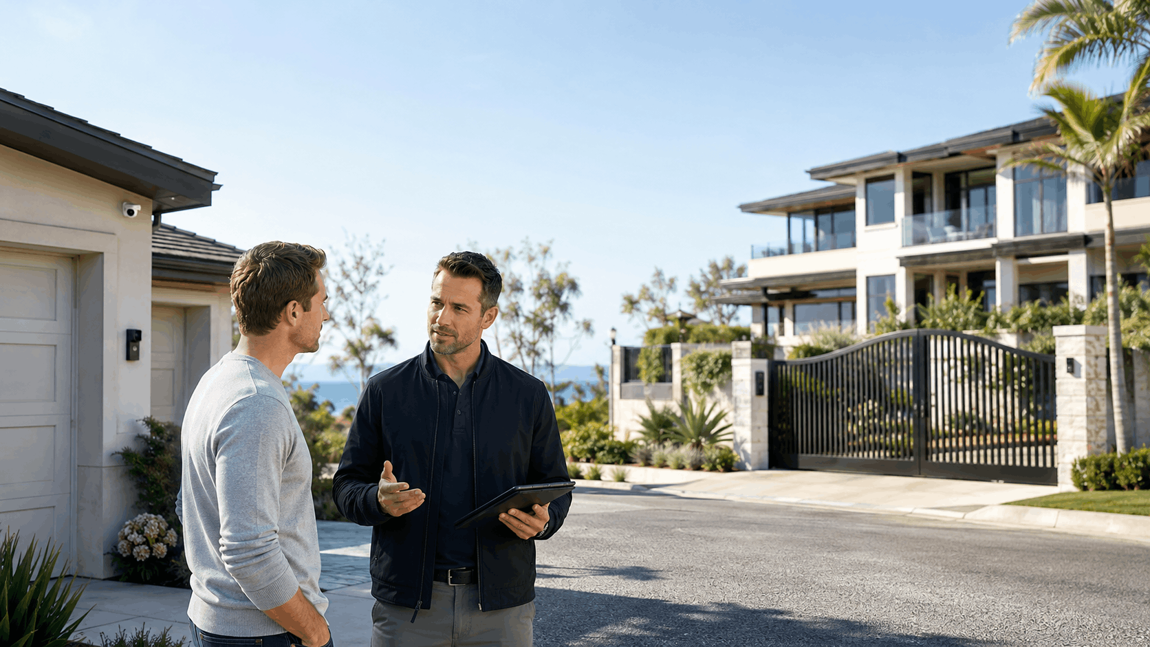 Real estate agent discussing home security system with homeowner in La Jolla neighborhood