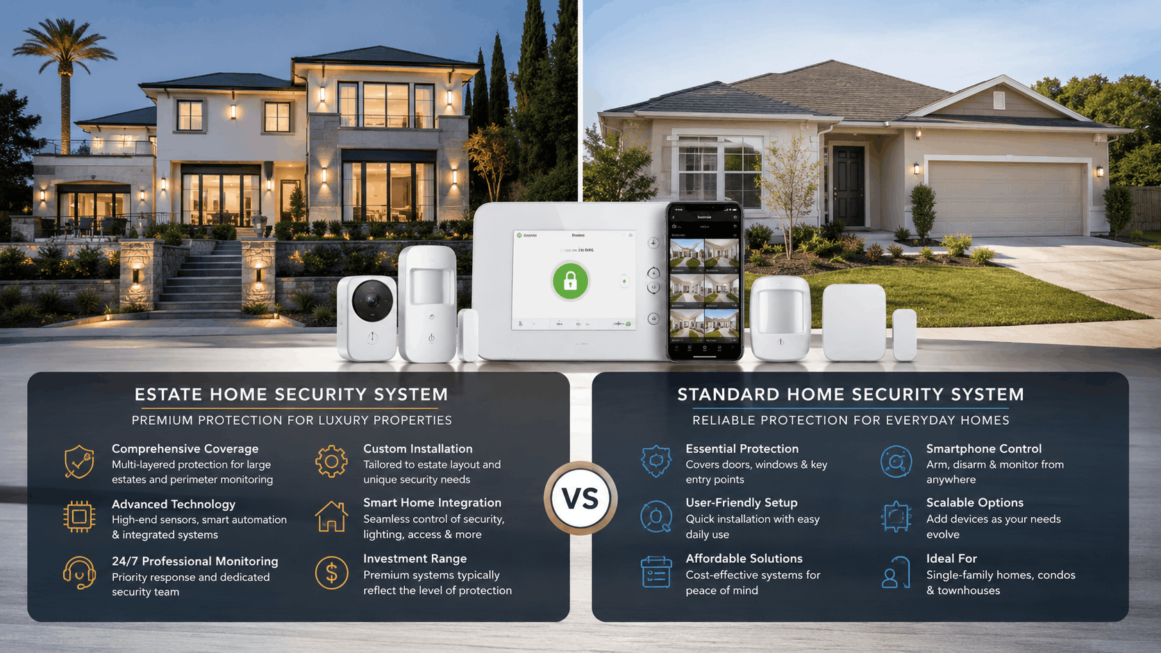 Estate vs Standard Home Security System comparison infographic for San Diego homeowners