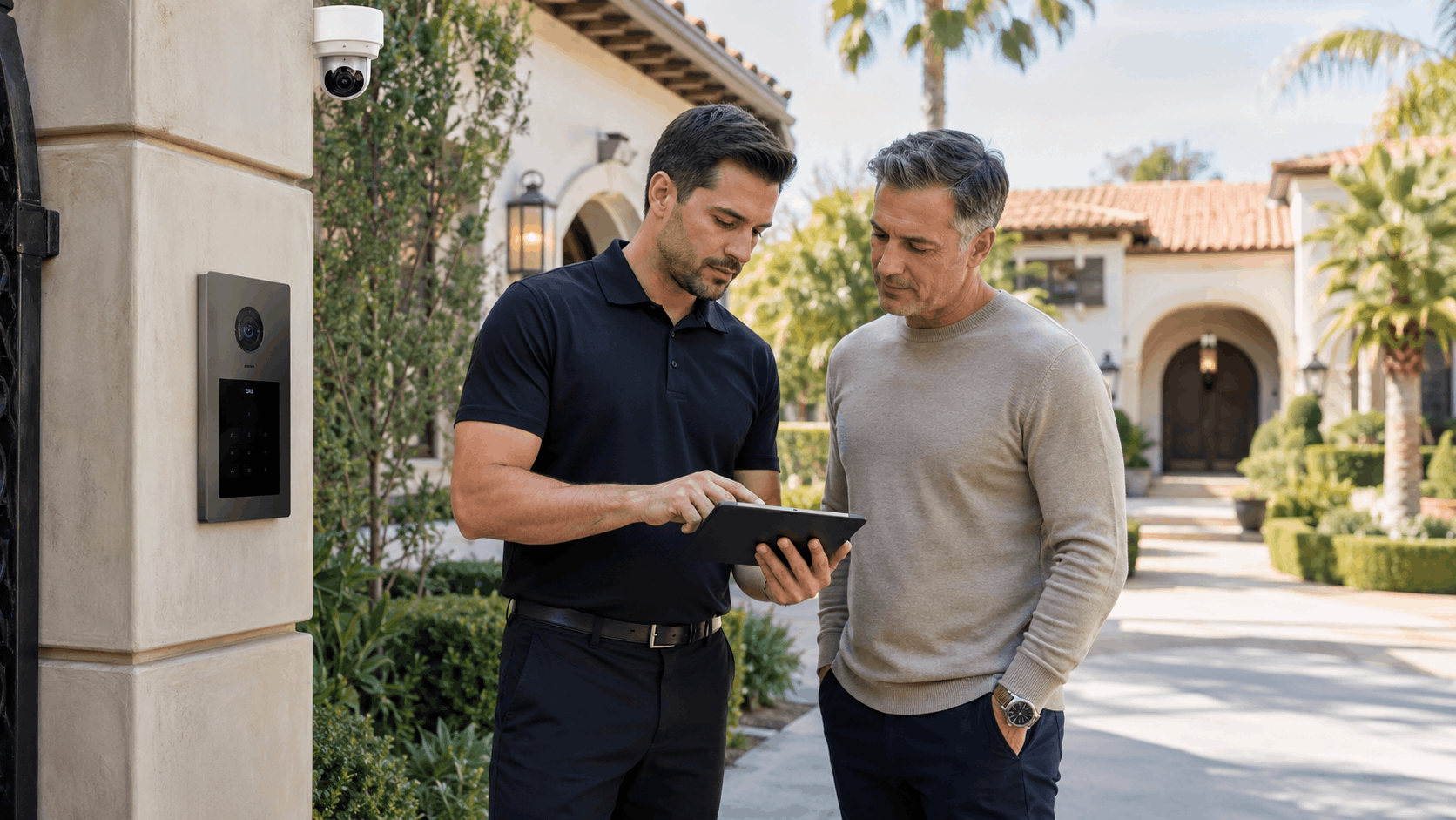 Security technician showing homeowner custom estate security system tablet at gate San Diego