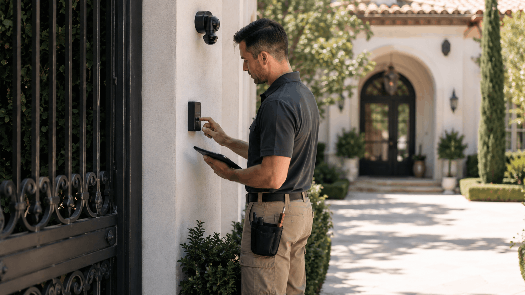 Security technician installing smart home access control system at luxury estate gate entrance