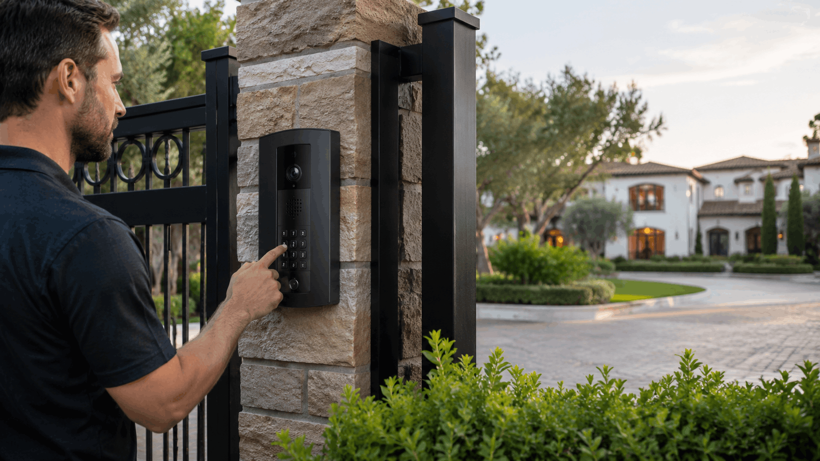 Man entering security gate keypad code at luxury San Diego estate entrance