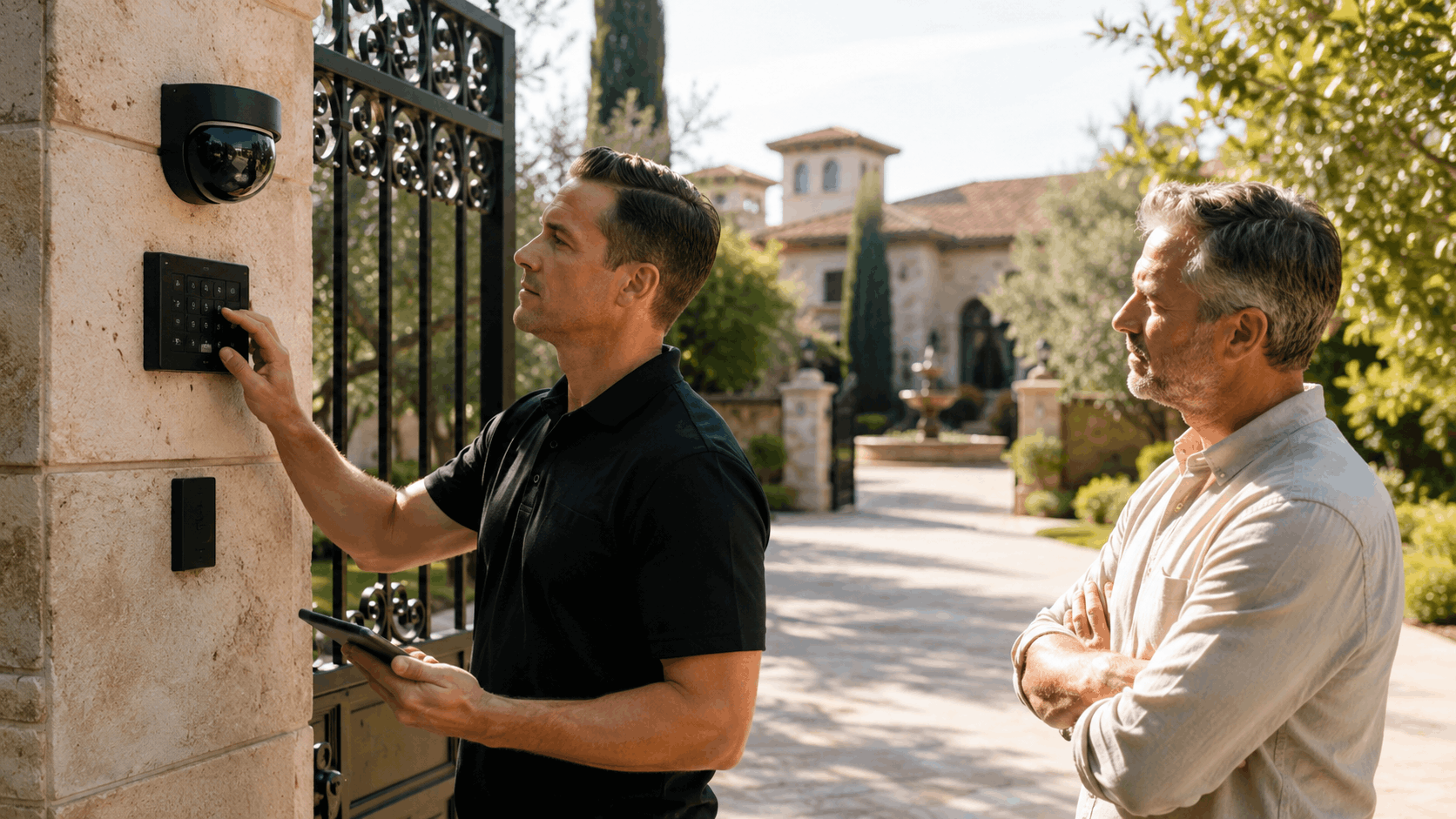 Security technician programming gate keypad system at luxury San Diego estate entrance