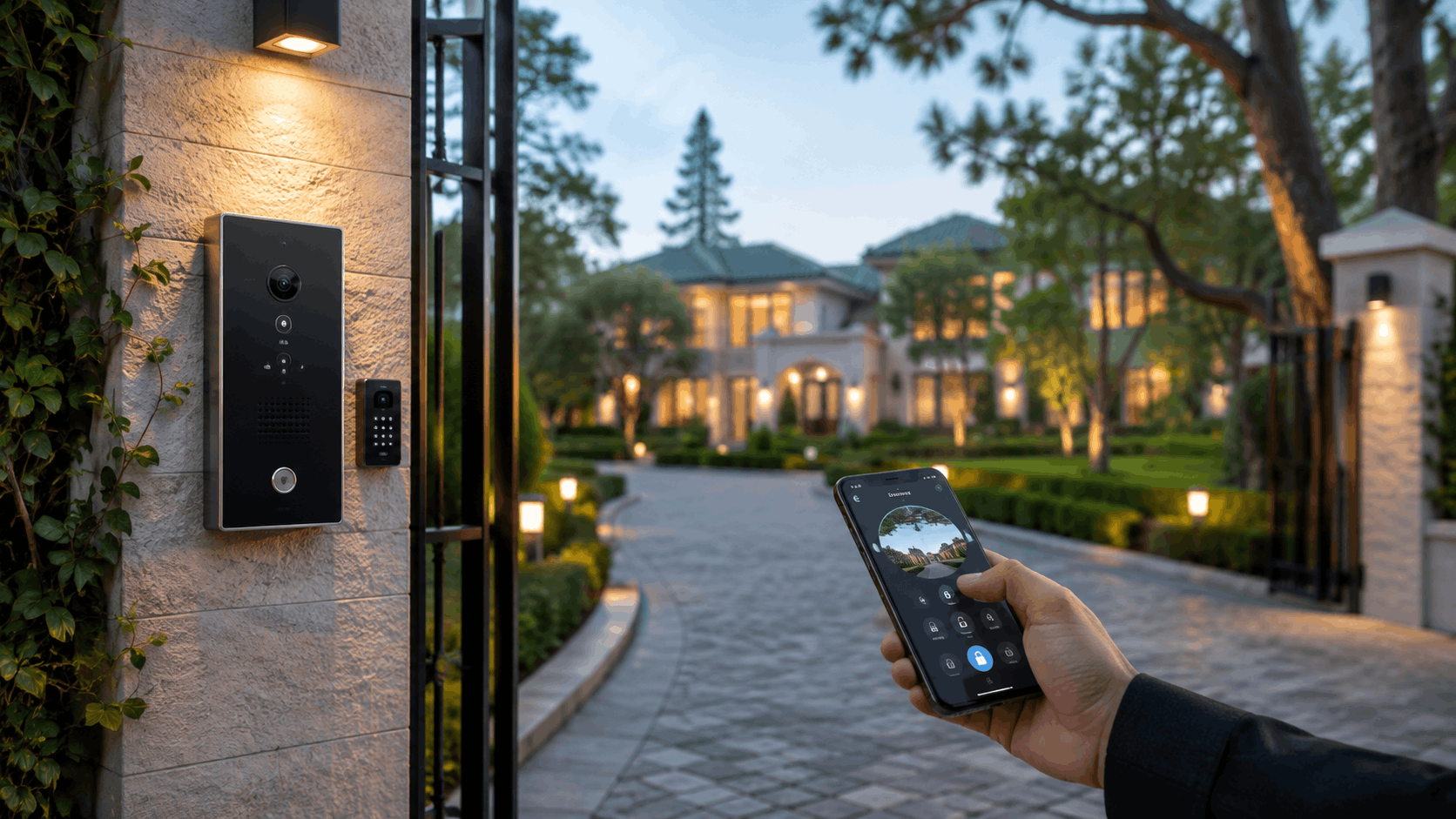 Smart Shield Systems video doorbell intercom with smartphone app controlling luxury estate gate