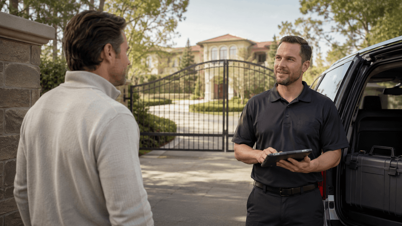 Smart Shield Systems technician with tablet consulting homeowner outside gated estate driveway
