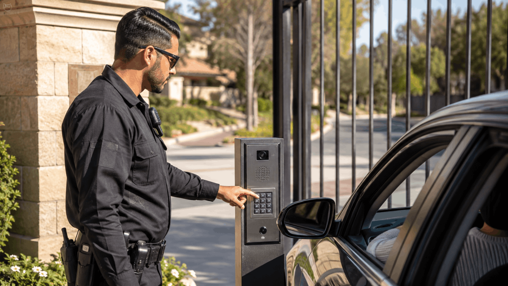Security guard entering access code on smart gate intercom system in San Diego gated community