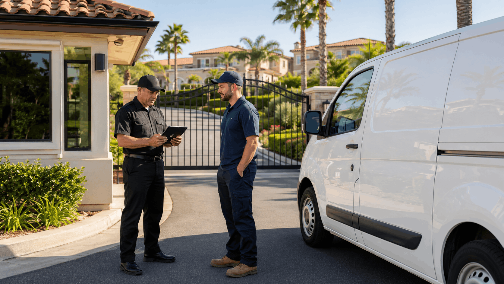 Security guard checking credentials of service technician at gated Fairbanks Ranch estate entrance