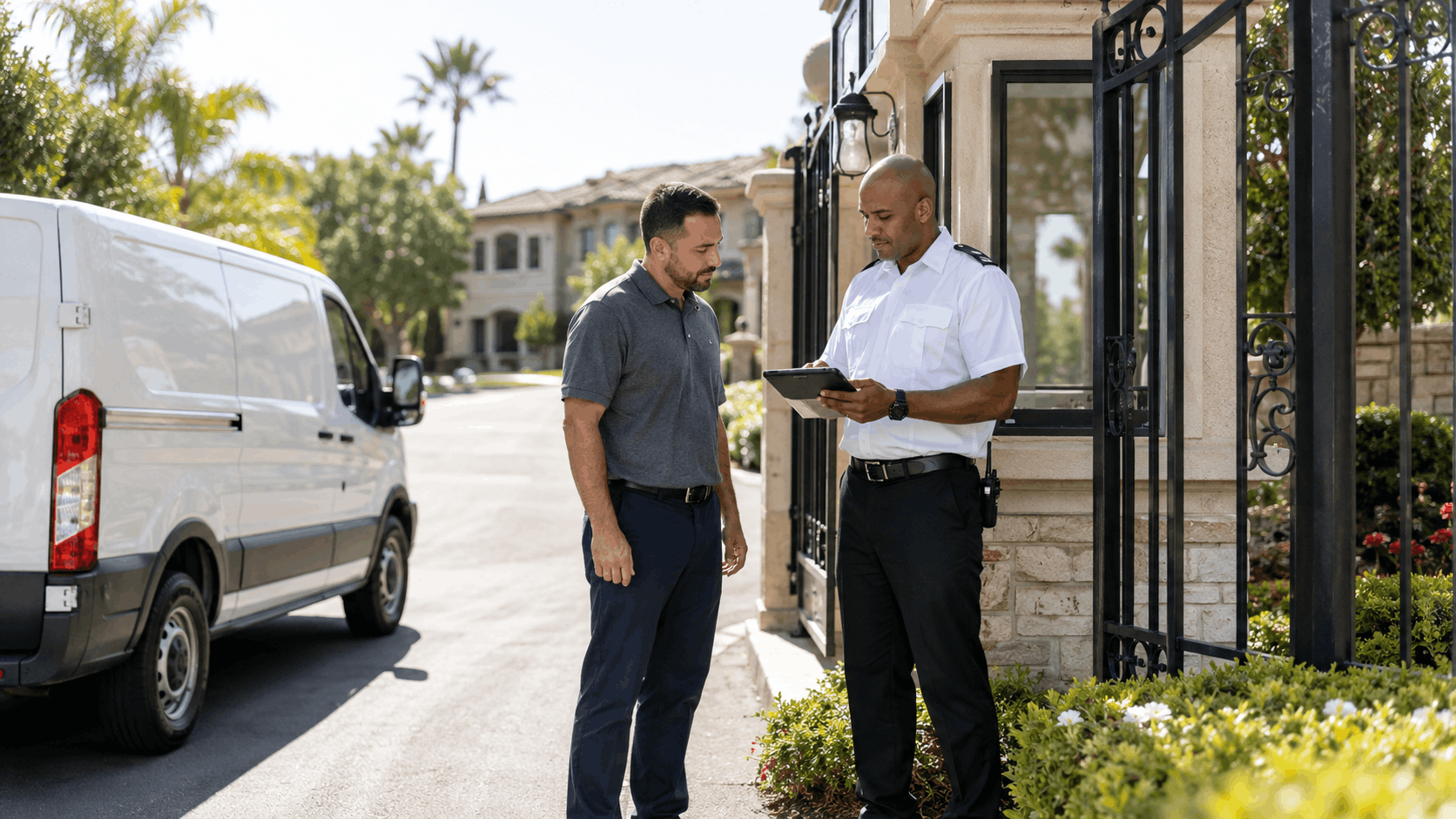 Security guard checking tablet while screening delivery van driver at gated community entrance