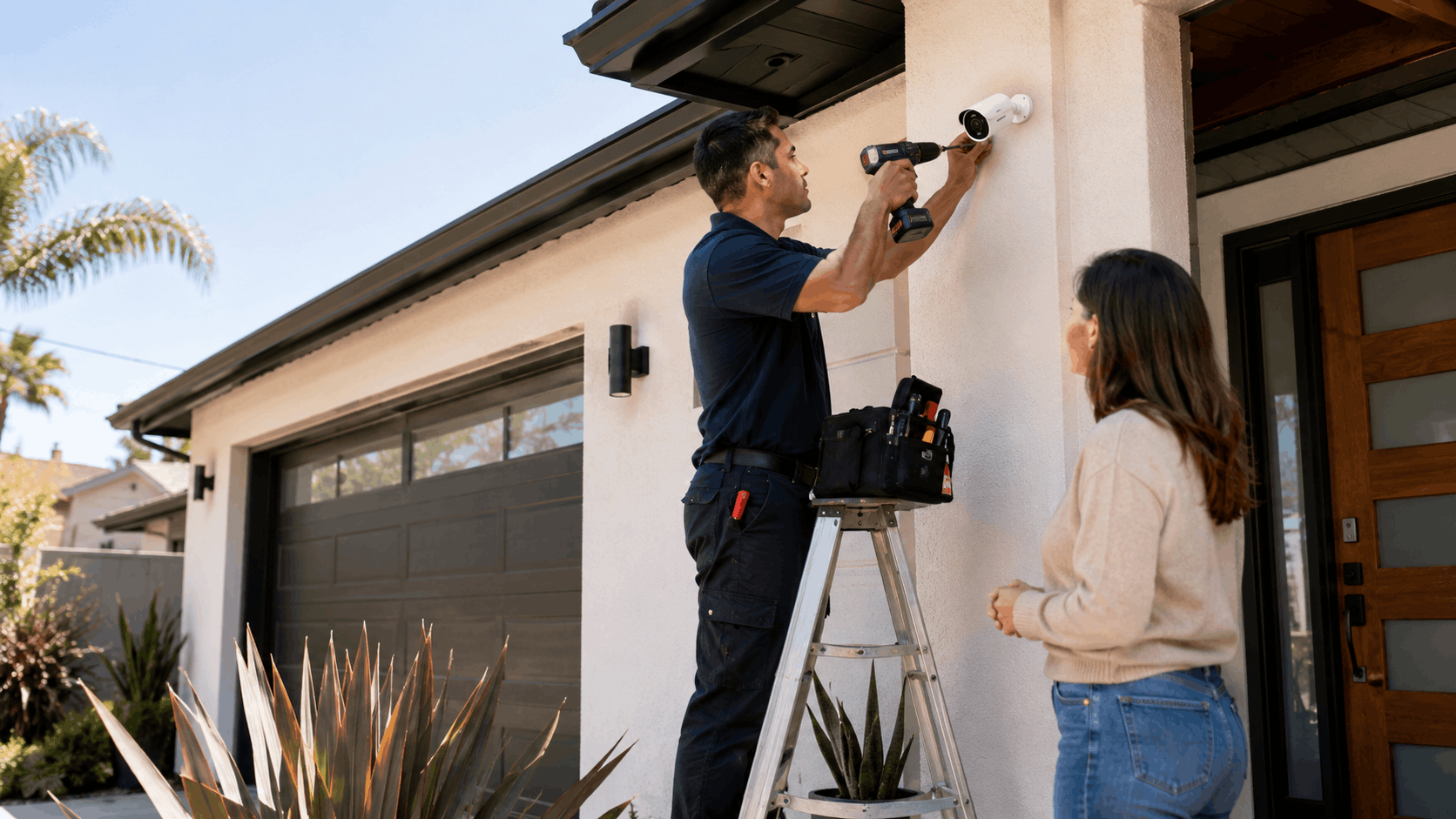 Security technician installing outdoor surveillance camera on San Diego home with homeowner watching