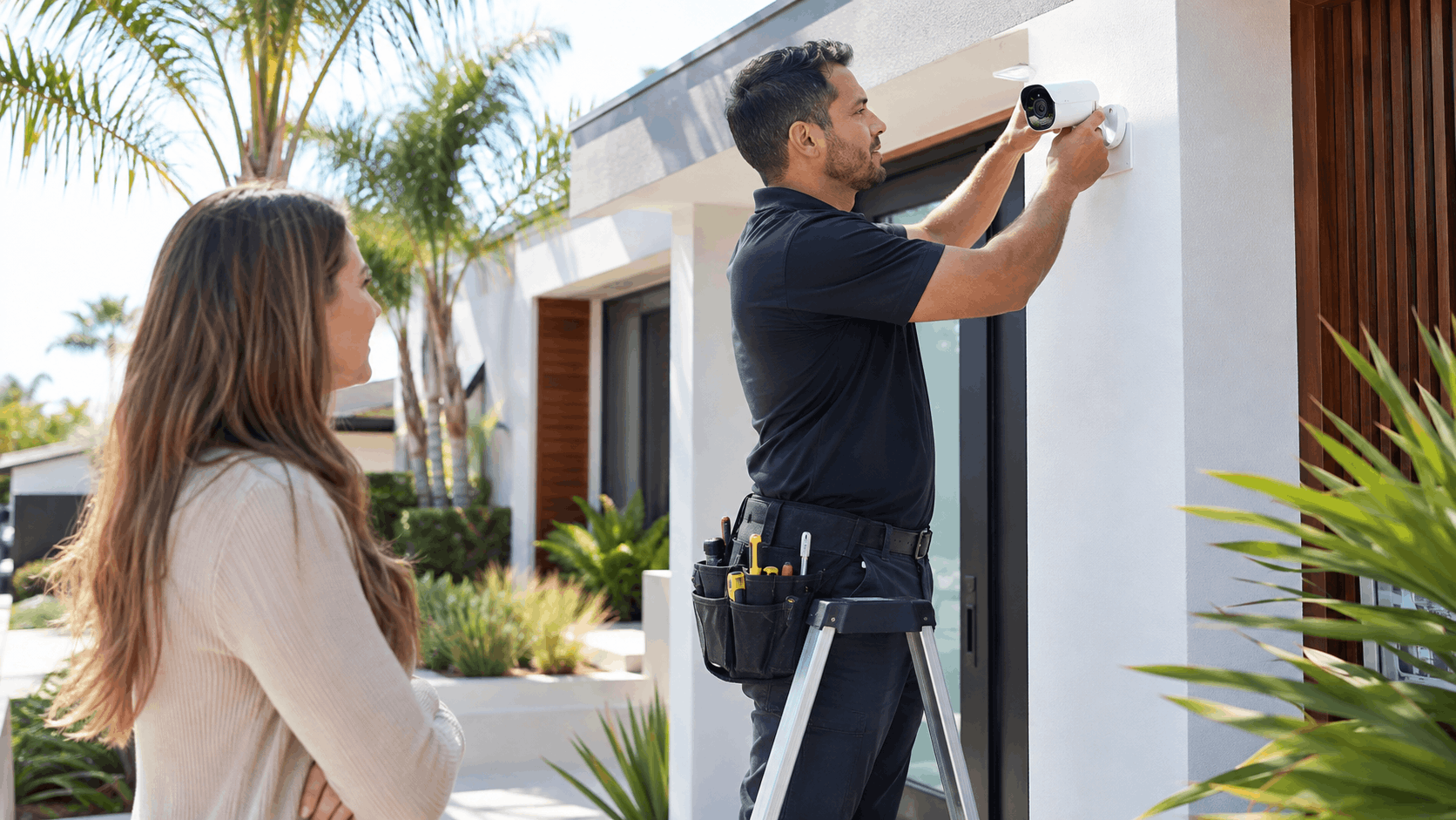 Security technician installing outdoor surveillance camera on modern San Diego home exterior