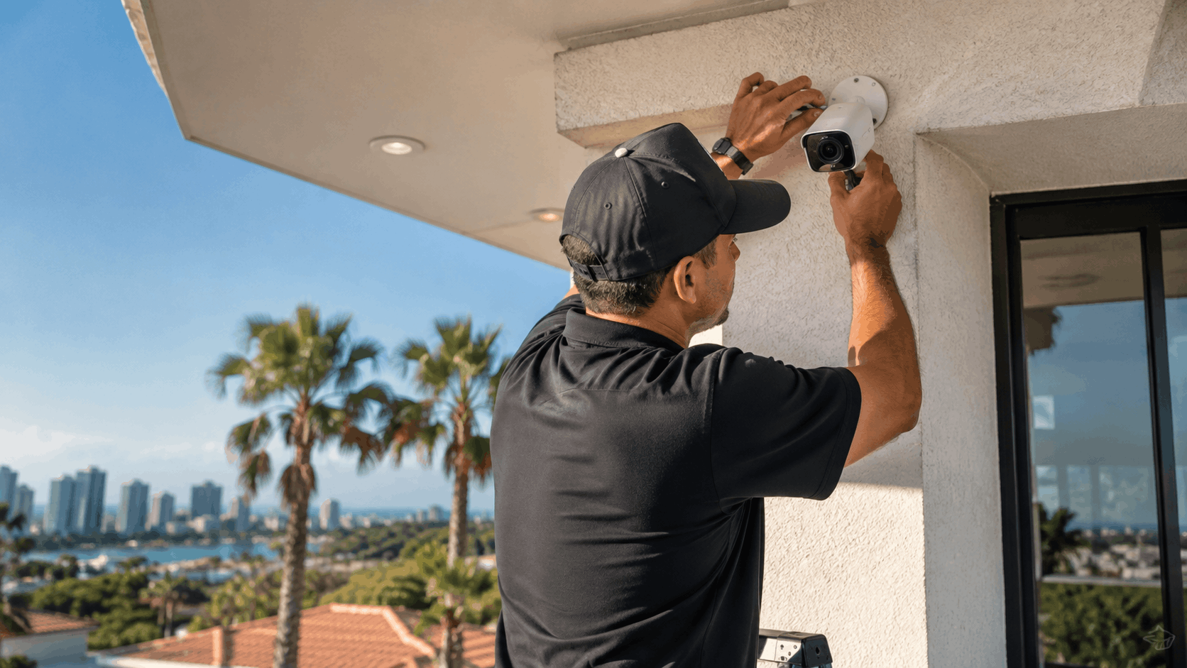Smart Shield Systems technician installing outdoor security camera on San Diego home exterior
