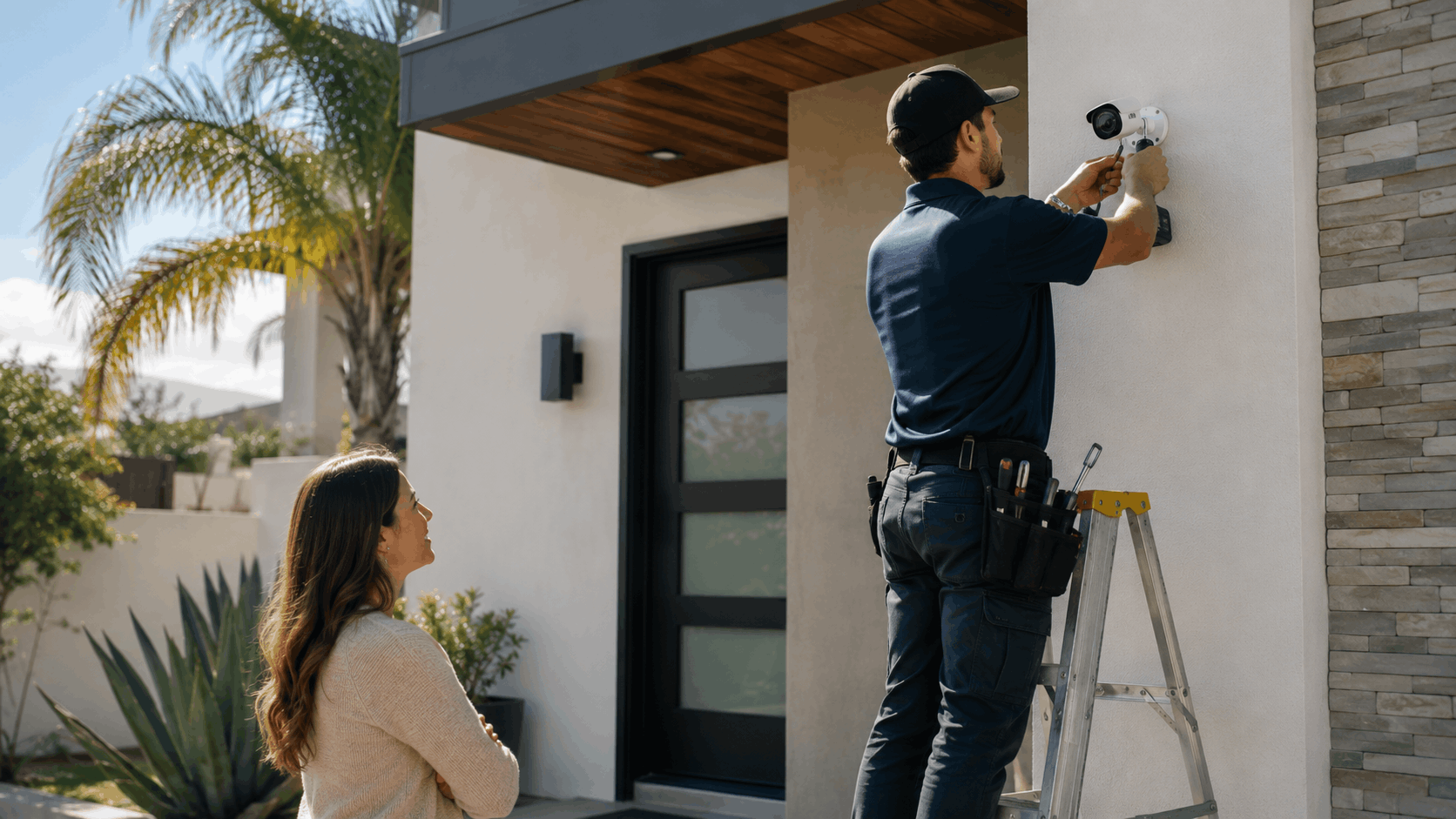 Security technician installing outdoor surveillance camera on modern San Diego home exterior