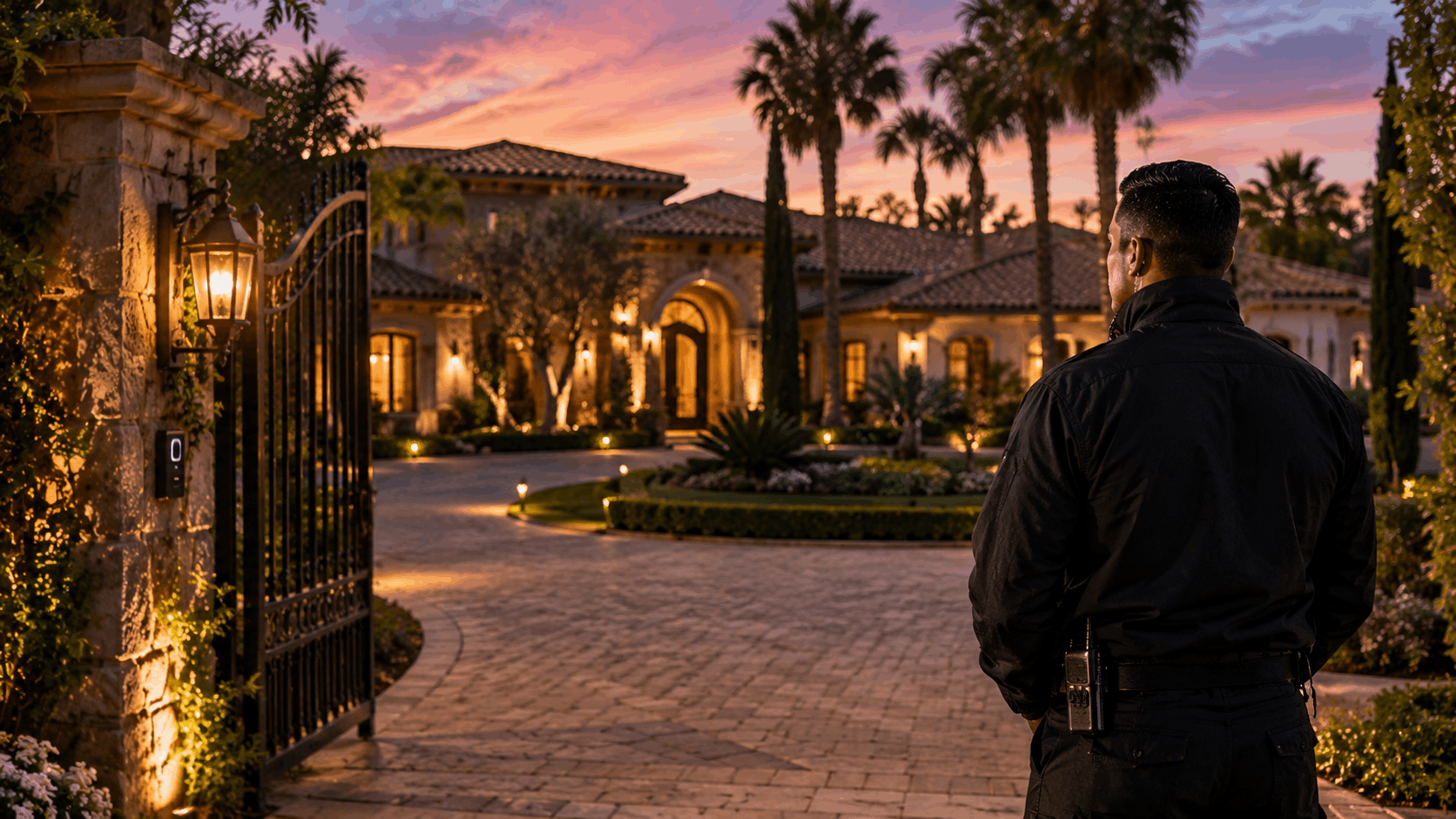 Security guard standing at gated estate entrance at sunset in San Diego