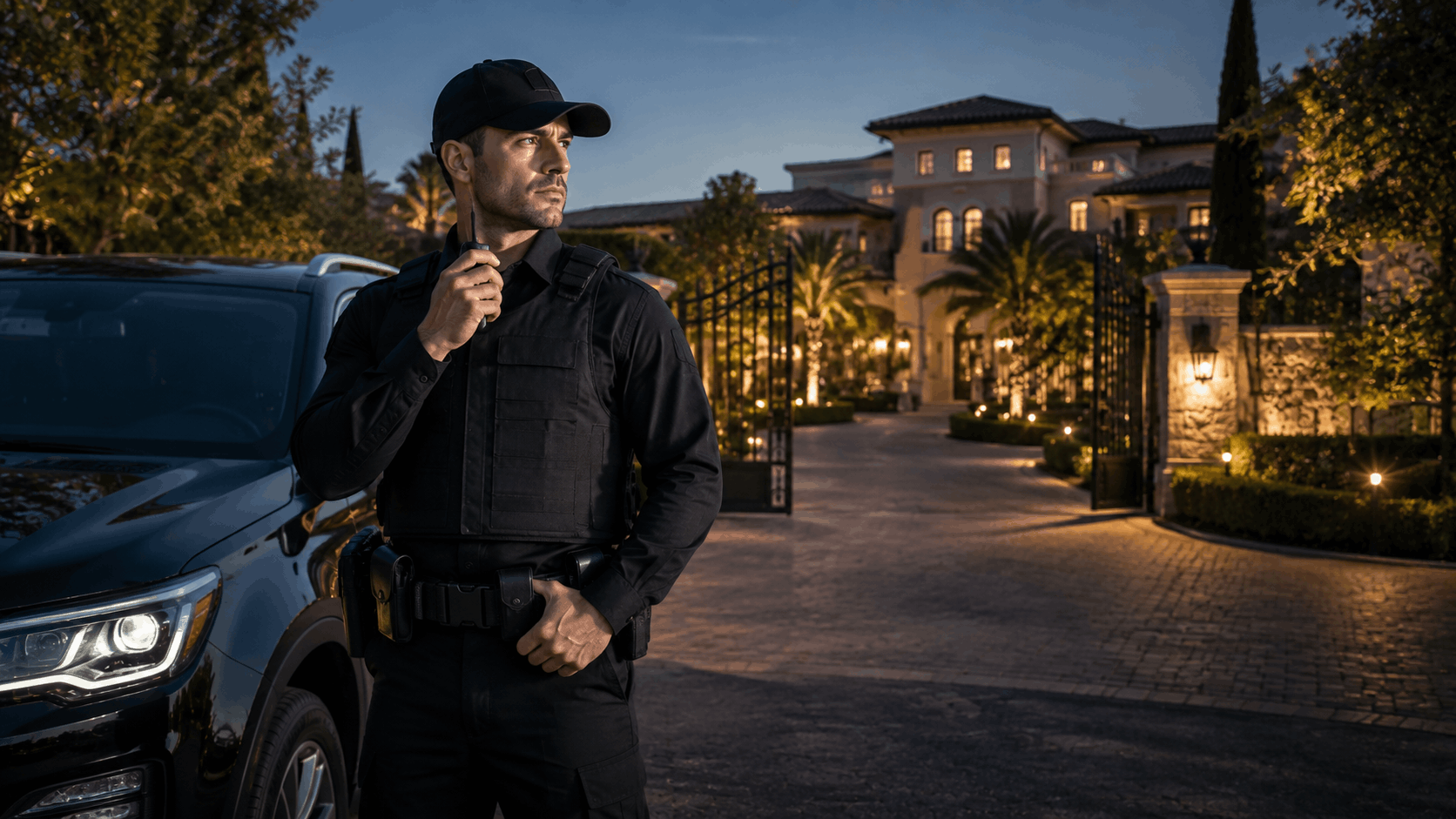 Security guard in black uniform standing at illuminated estate gate at dusk