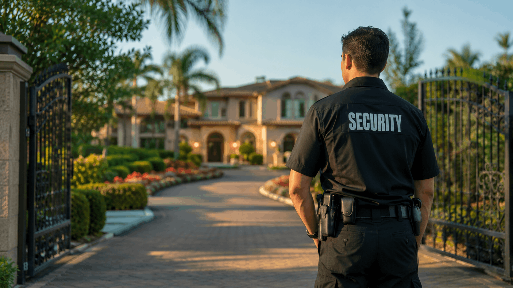 Security guard in black uniform standing at gated luxury estate entrance in San Diego