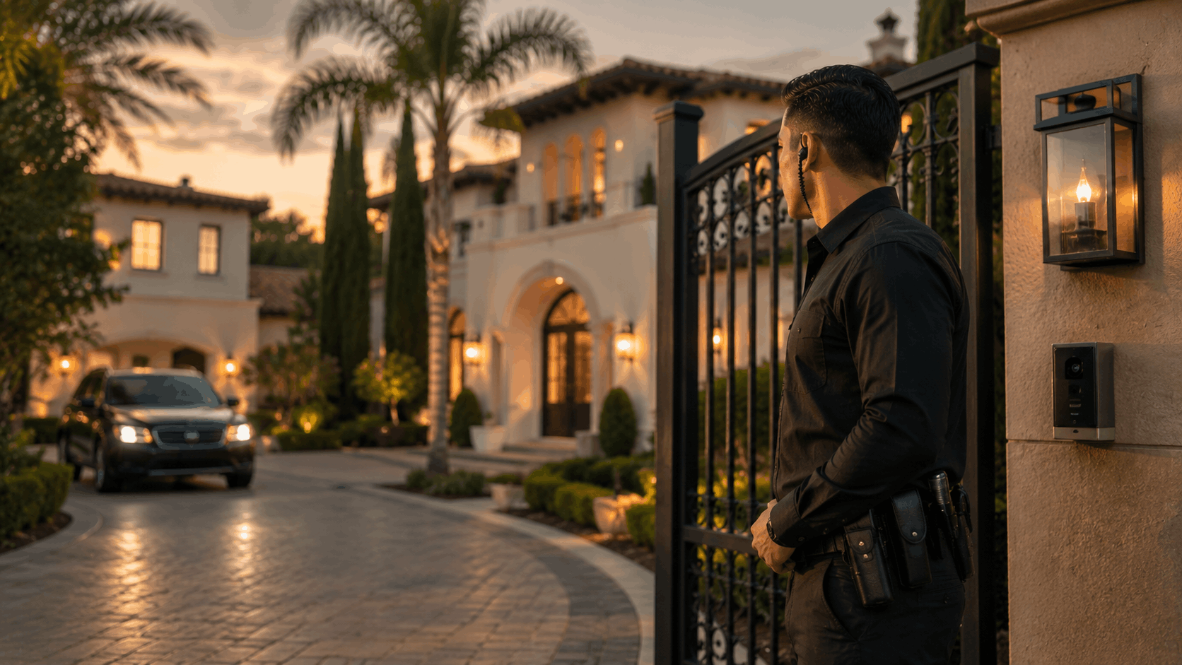 Security guard monitoring gated entrance of luxury San Diego estate at dusk