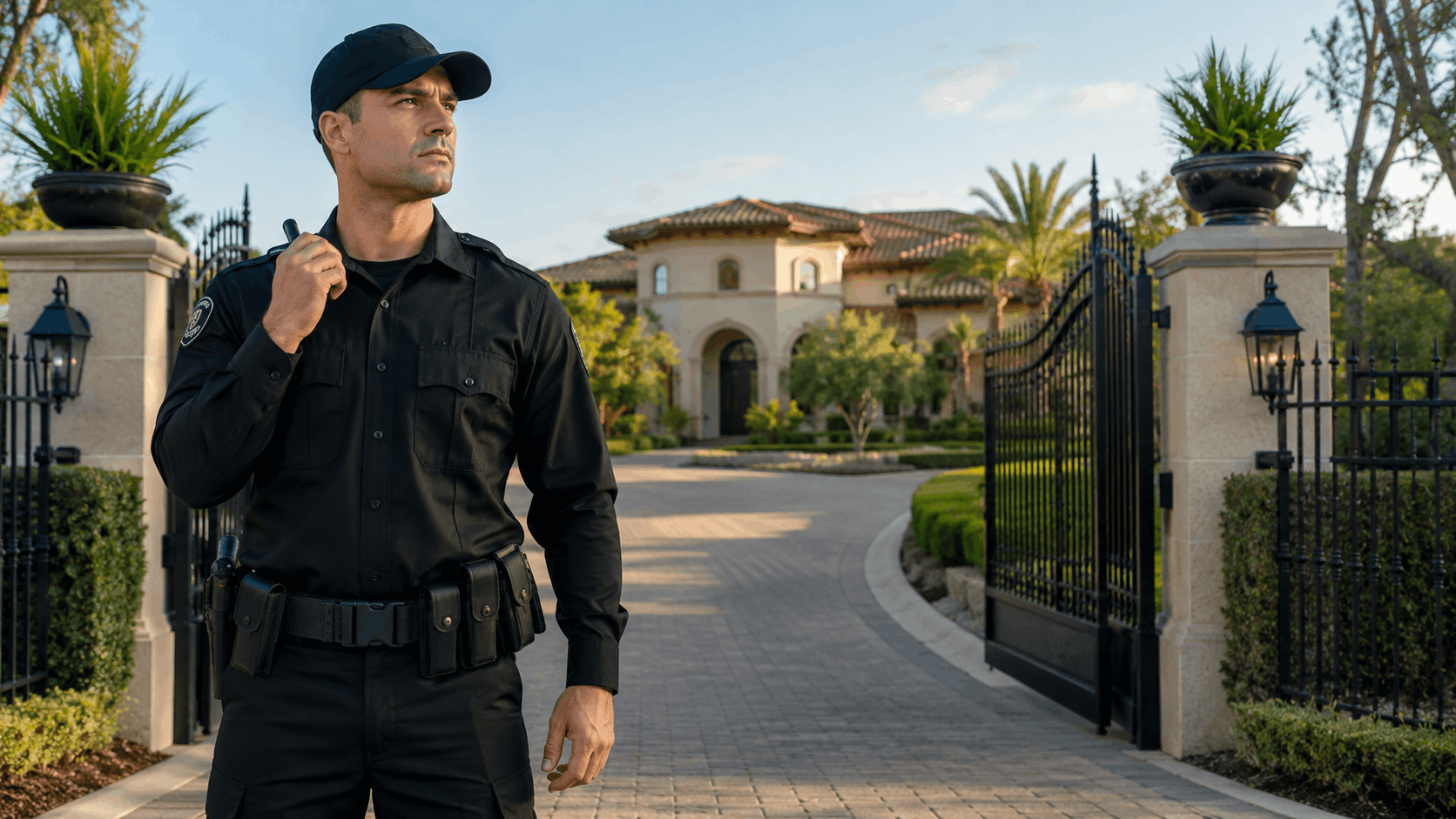 Security guard in black uniform standing at luxury estate gate in San Diego