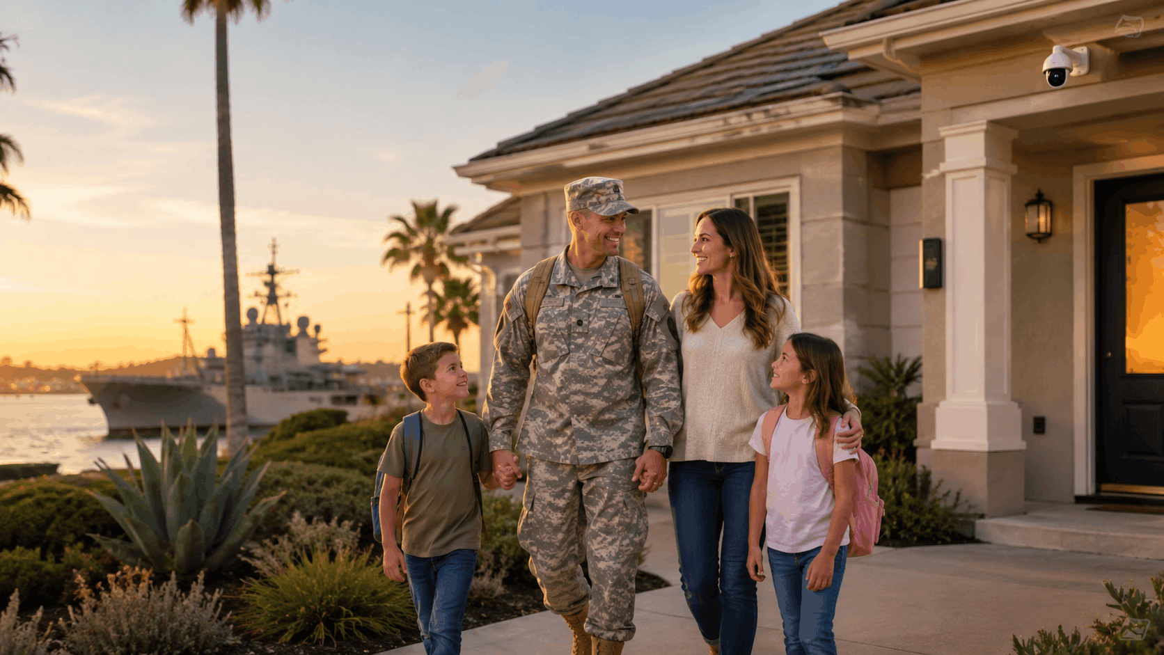 Military family walking home near Coronado naval base with security camera visible