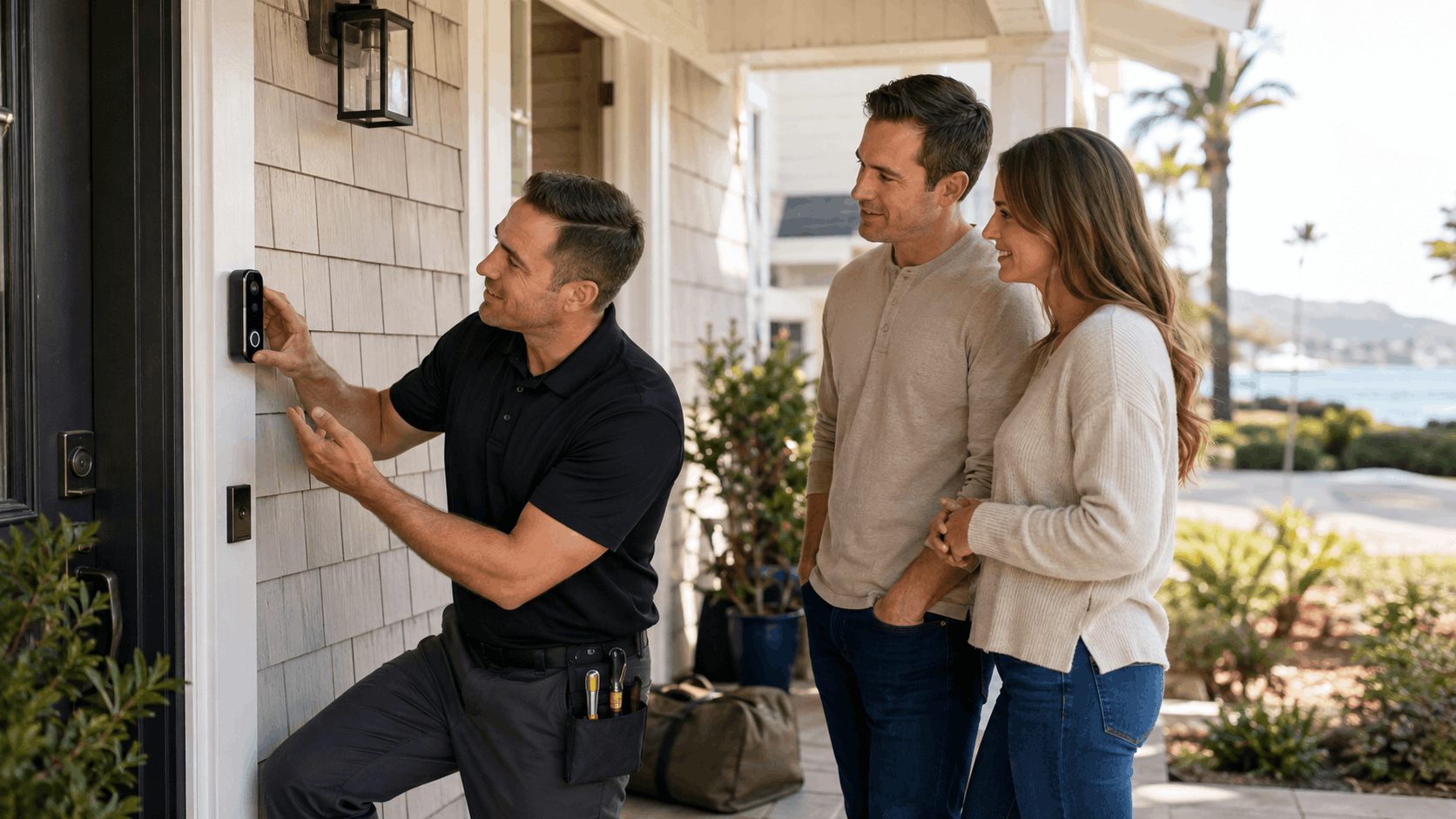 Security technician installing video doorbell camera for Coronado homeowners outside coastal home