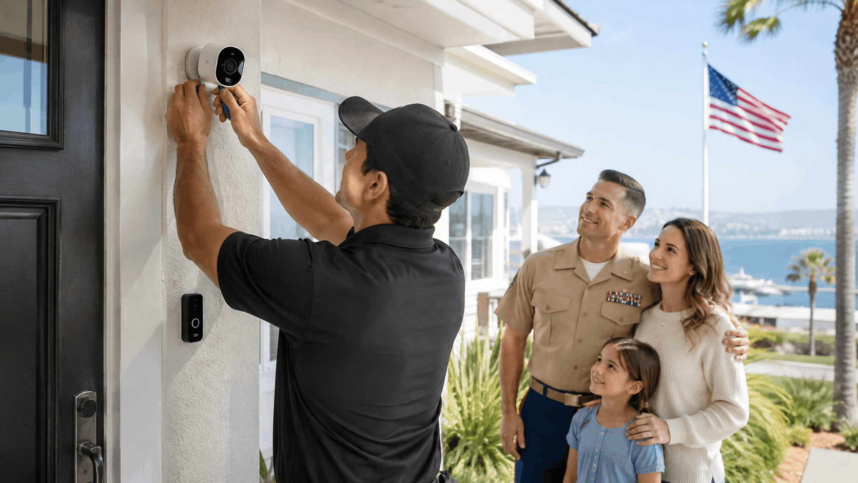 Smart Shield Systems technician installing security camera for military family in San Diego