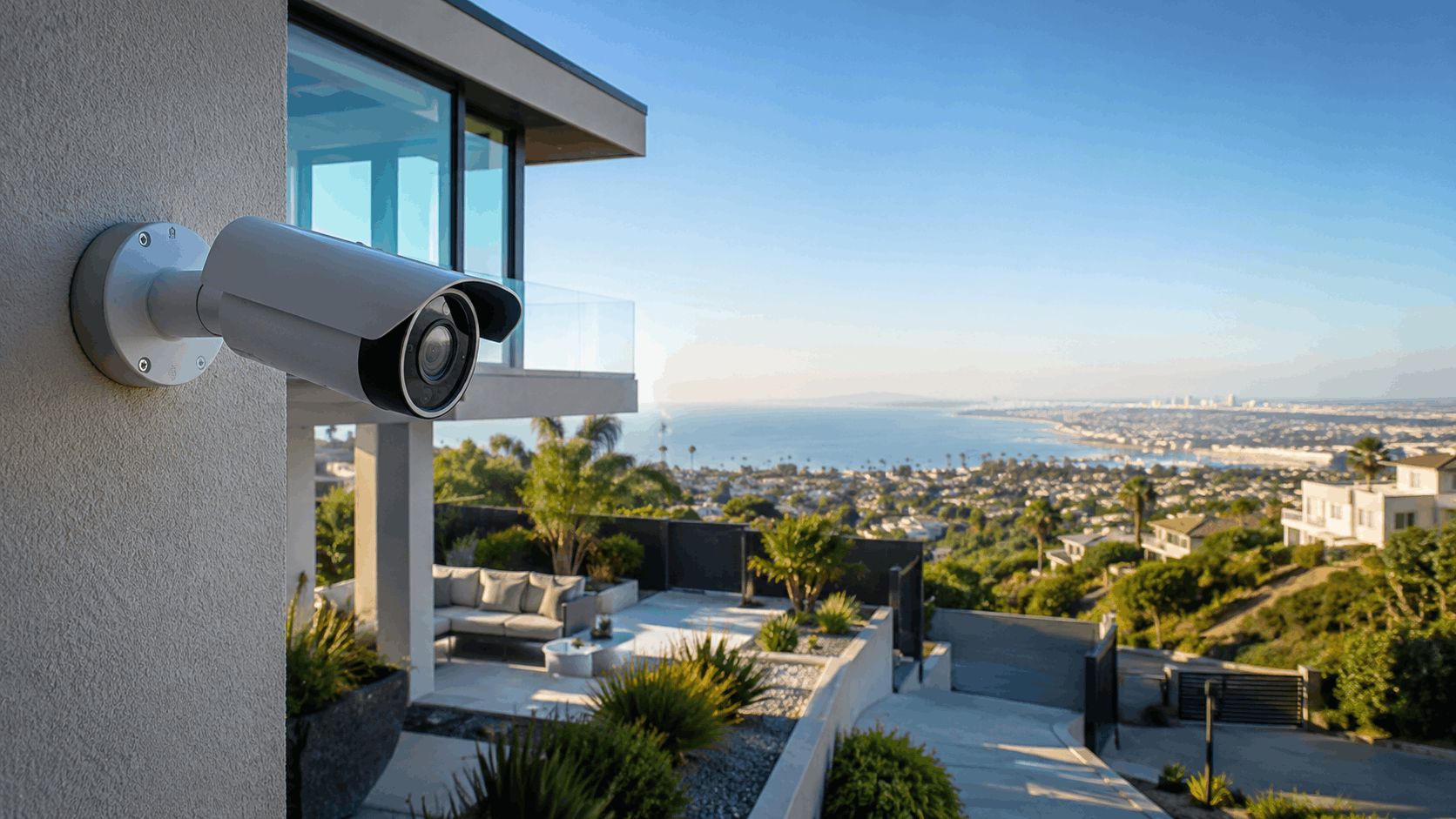 Modern security camera mounted on luxury San Diego hillside home with ocean view