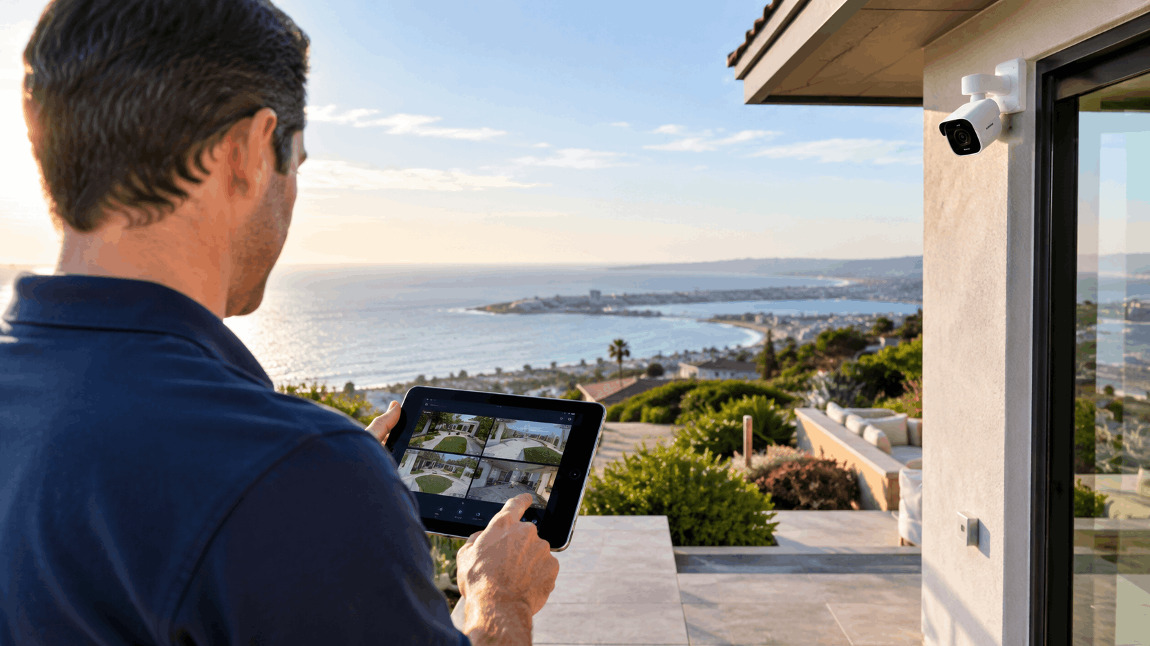 Man reviewing outdoor security camera footage on tablet at coastal Point Loma home