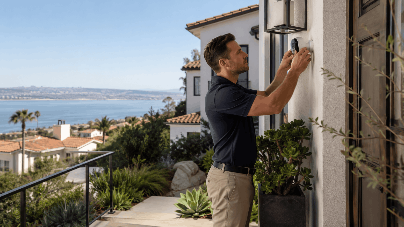 Man installing smart video doorbell camera on luxury San Diego vacation home exterior